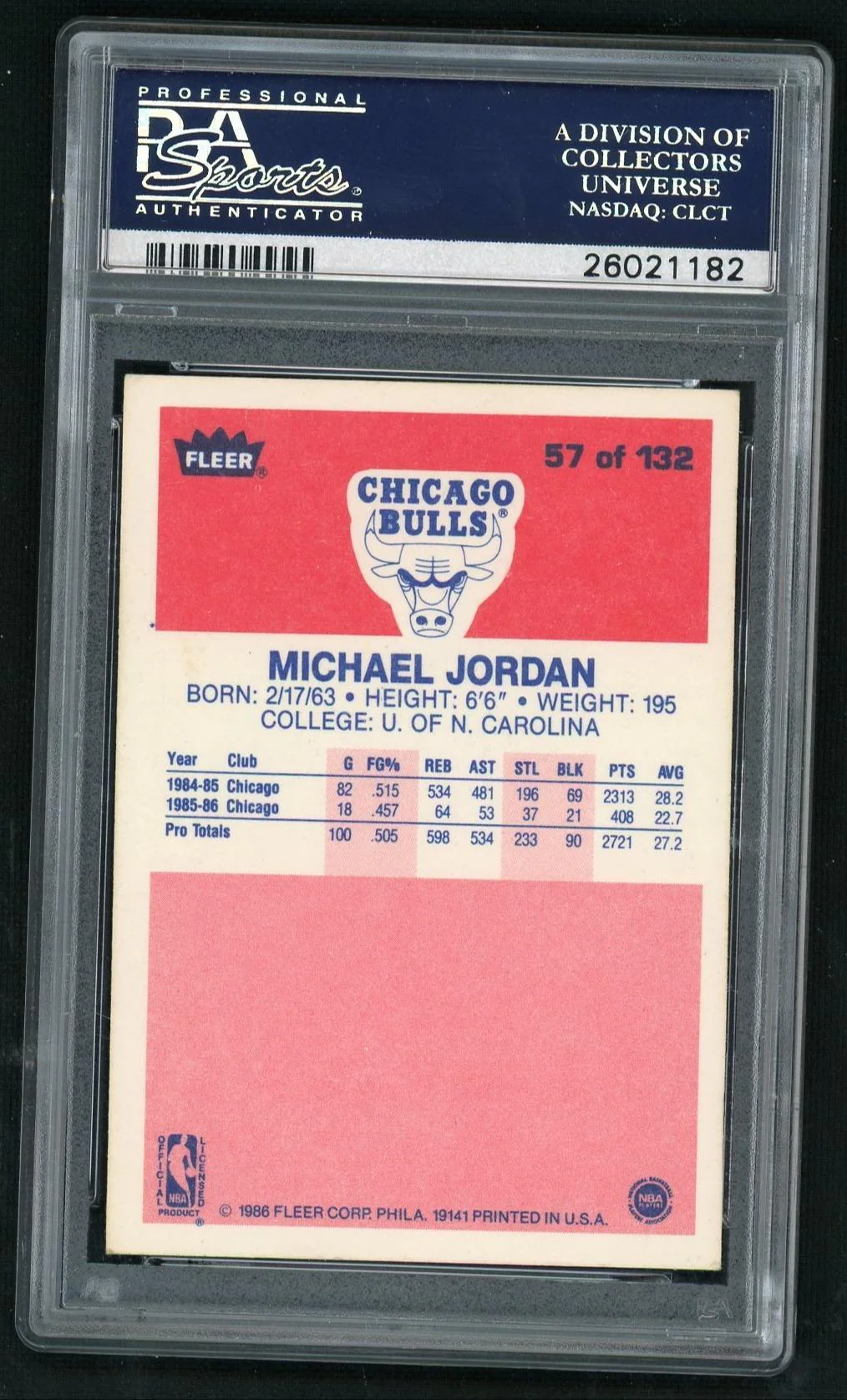 1986 Fleer Michael Jordan #57 PSA 4 - Image 2