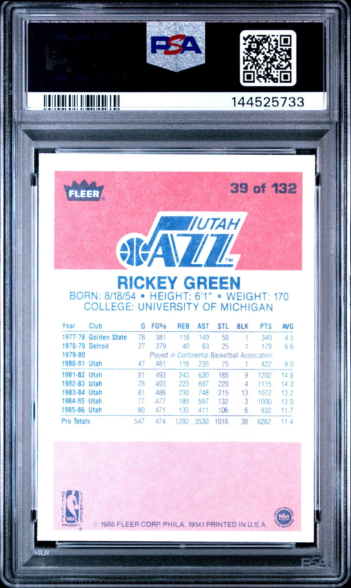 1986 Fleer Rickey Green #39 /39 PSA 9 - Image 2
