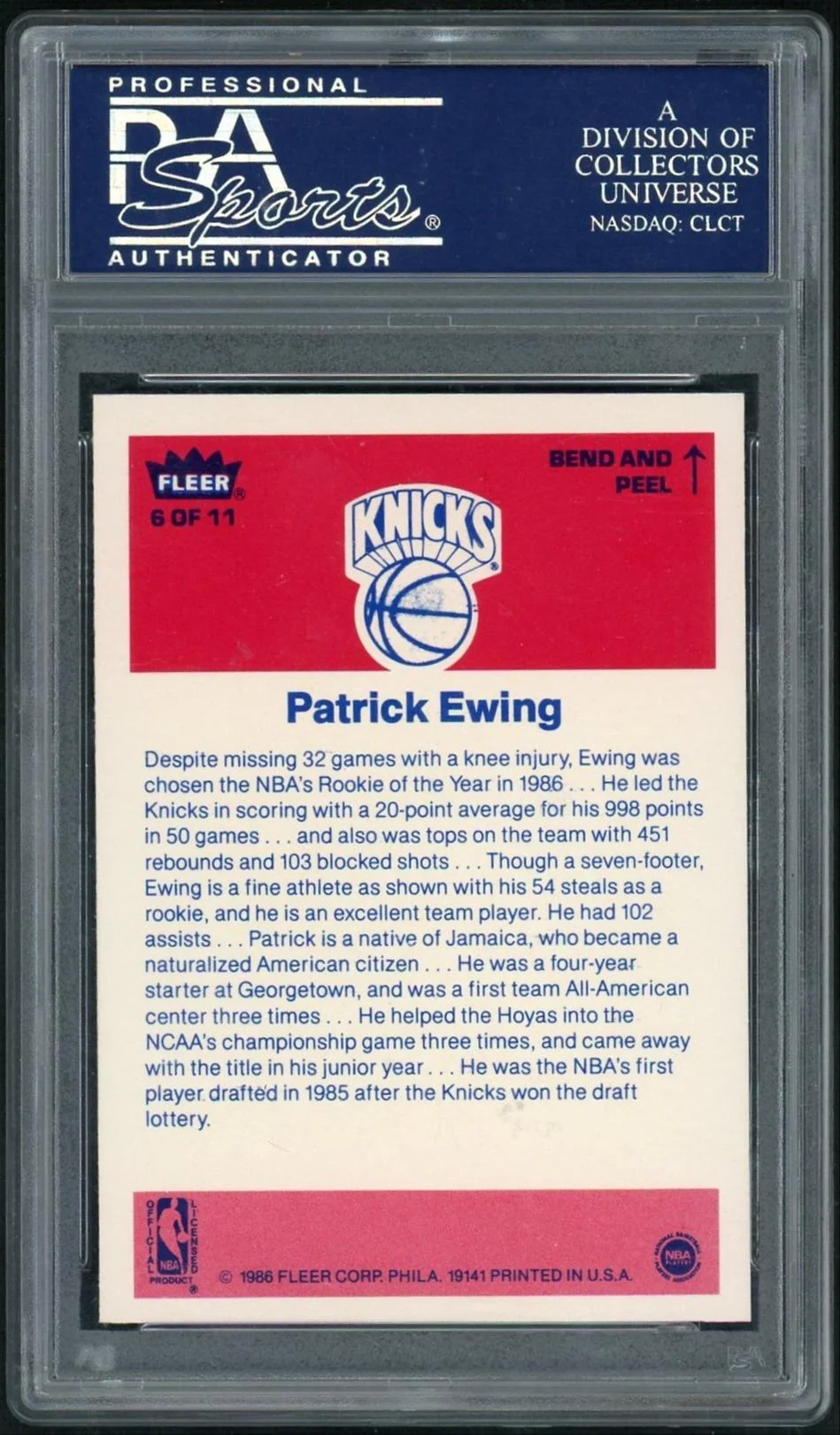 1986 Fleer Sticker Patrick Ewing #6 PSA 8 - Image 2