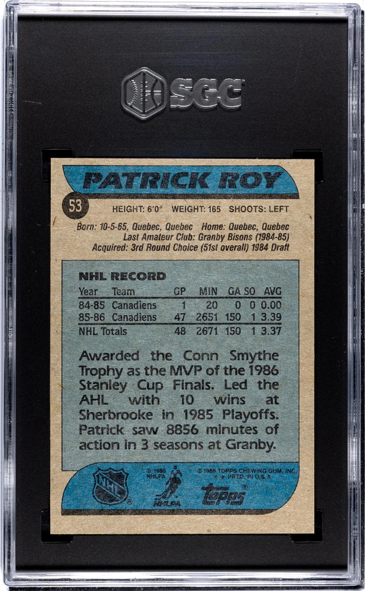 1986 Topps #53 Patrick Roy SGC 6 - Image 2
