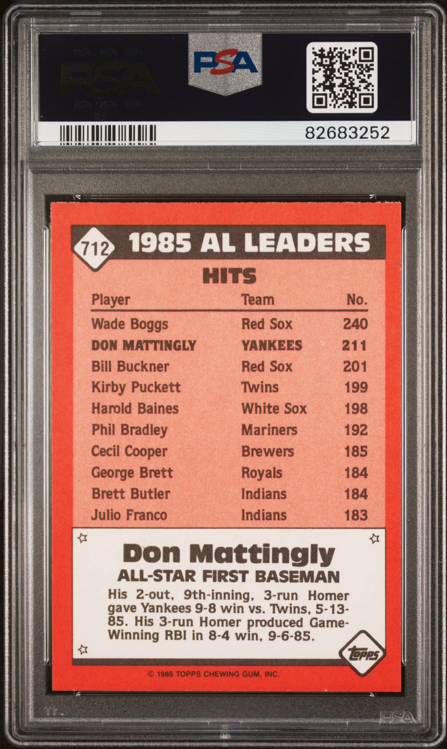 1986 Topps Tiffany Don Mattingly #712 /5000 PSA 8 - Image 2