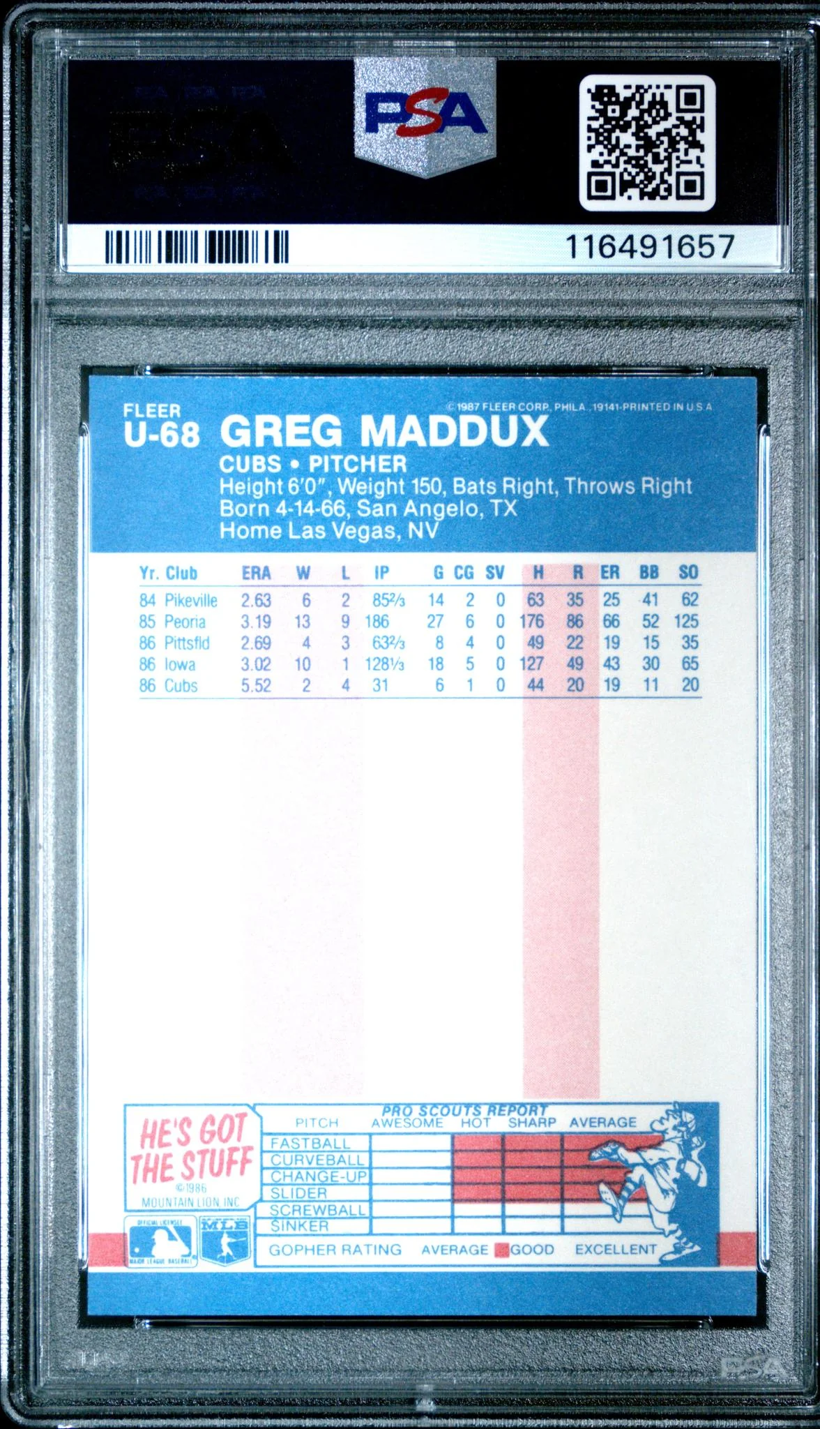 1987 Fleer Update Greg Maddux #68 PSA 9 - Image 2