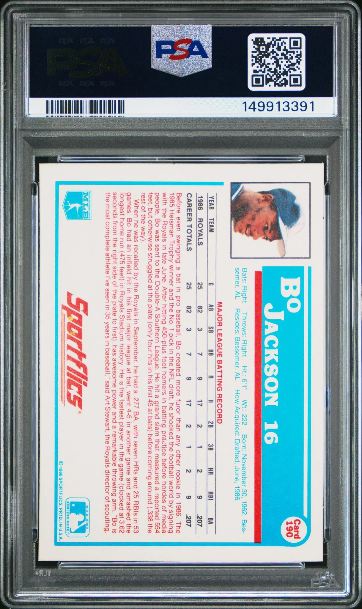 1987 Sportflics Bo Jackson #190 PSA 9 - Image 2