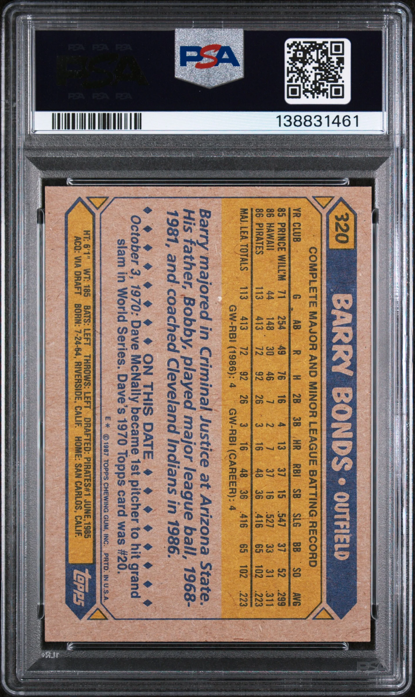 1987 Topps Barry Bonds #320 PSA 9 - Image 2