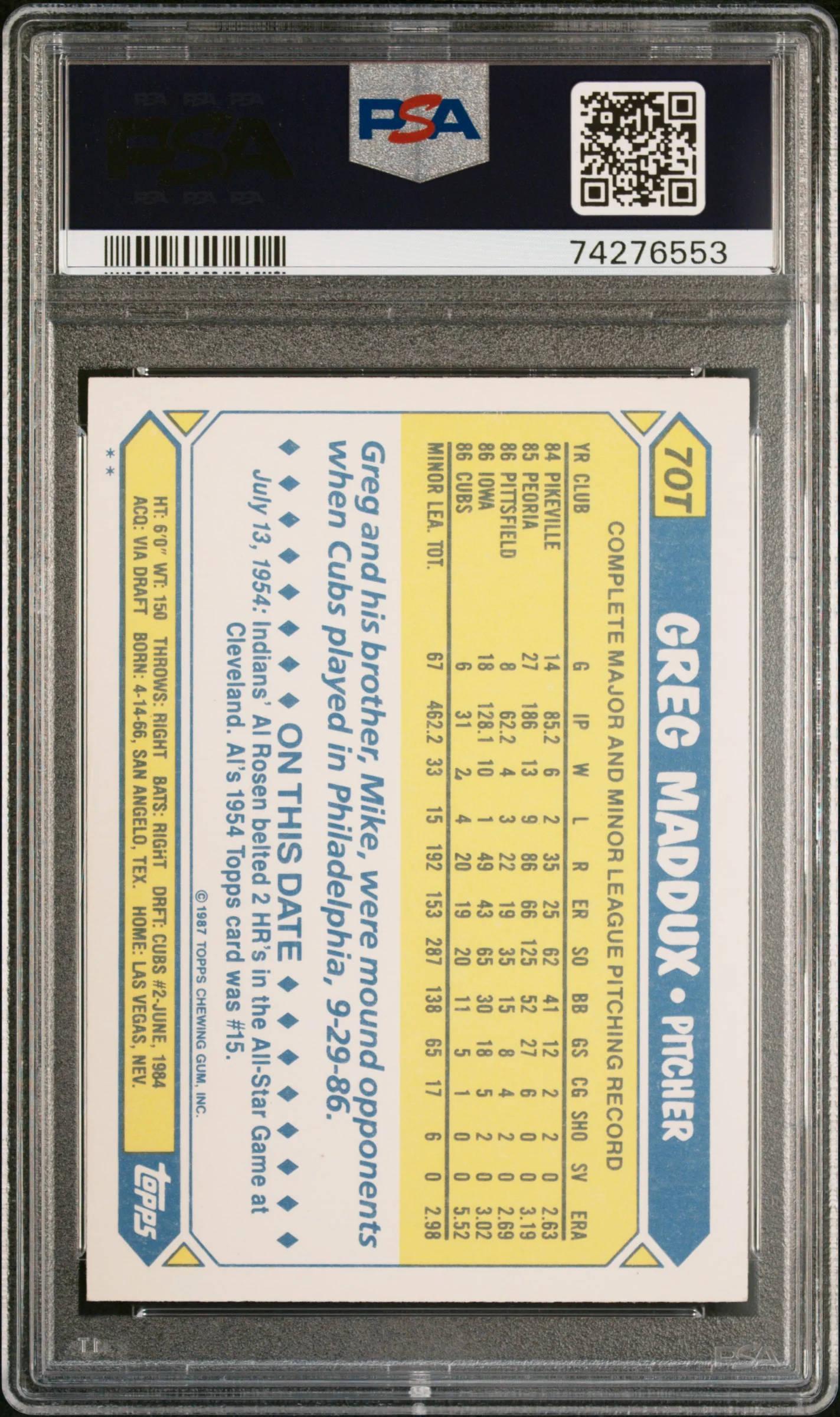 1987 Topps Traded Greg Maddux #70T PSA 9 - Image 2