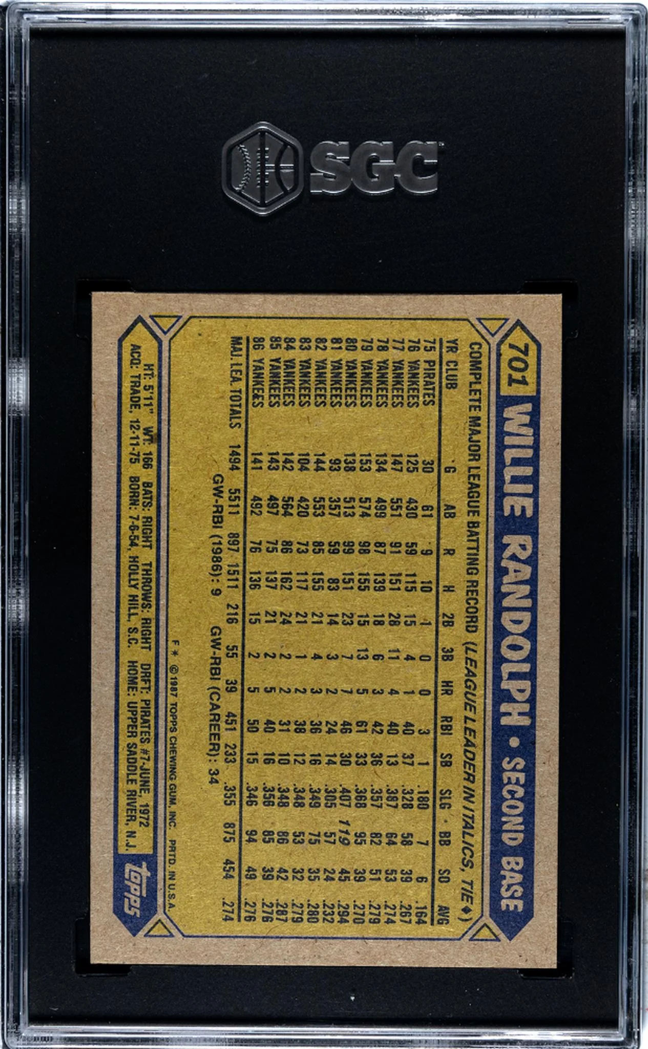 1987 Topps Willie Randolph #701 SGC 7 - Image 2