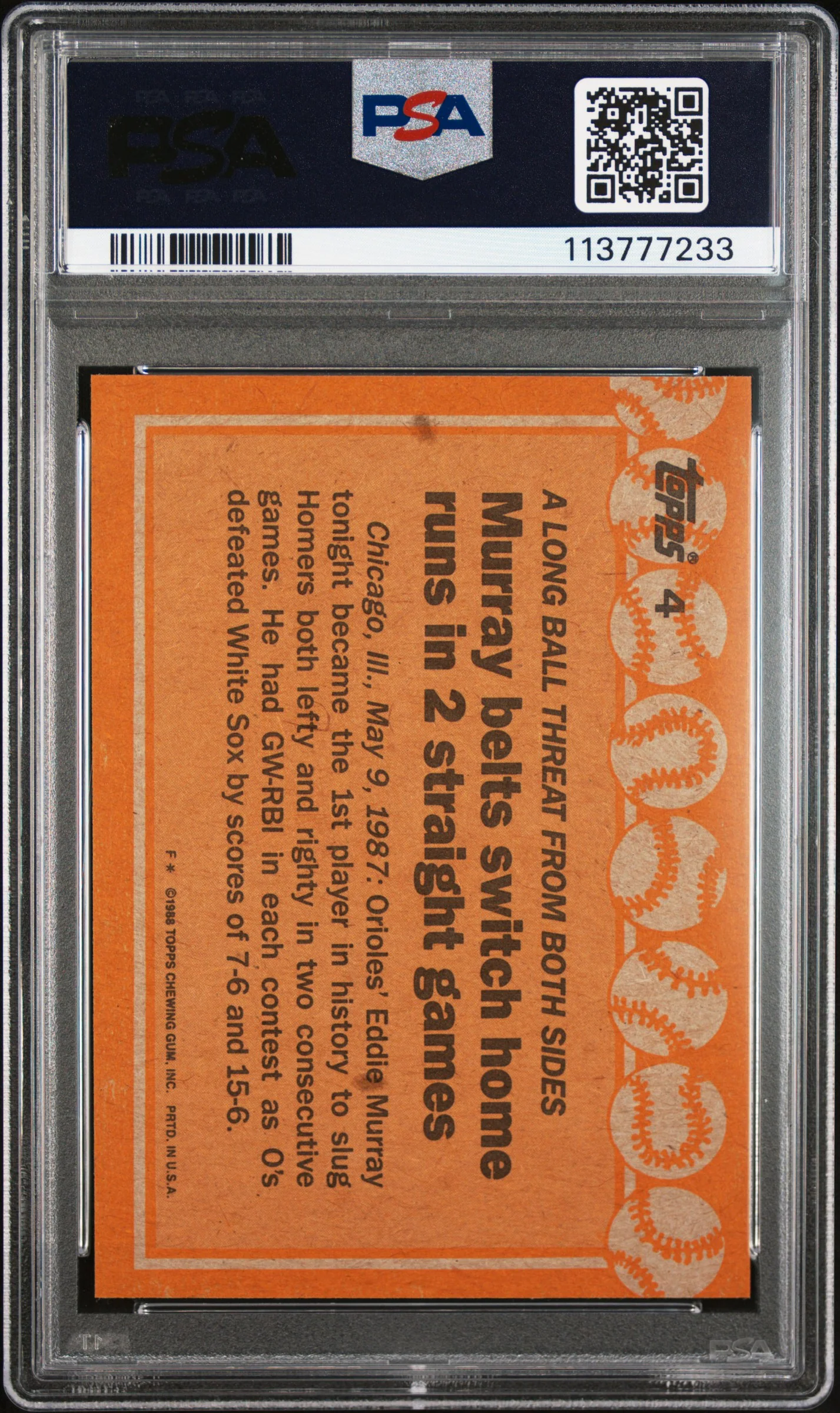 1988 Topps No Caption On Front Eddie Murray #4 PSA 10 - Image 2