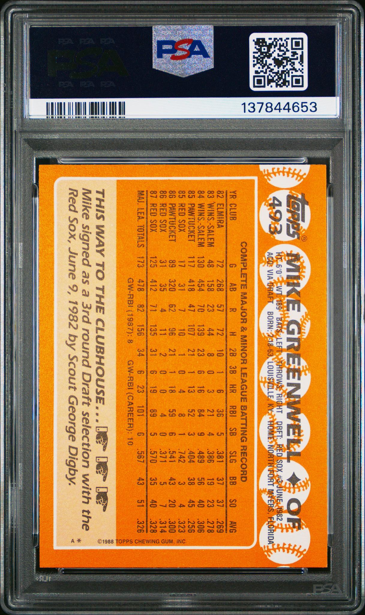 1988 Topps Tiffany Mike Greenwell #493 PSA 9 - Image 2