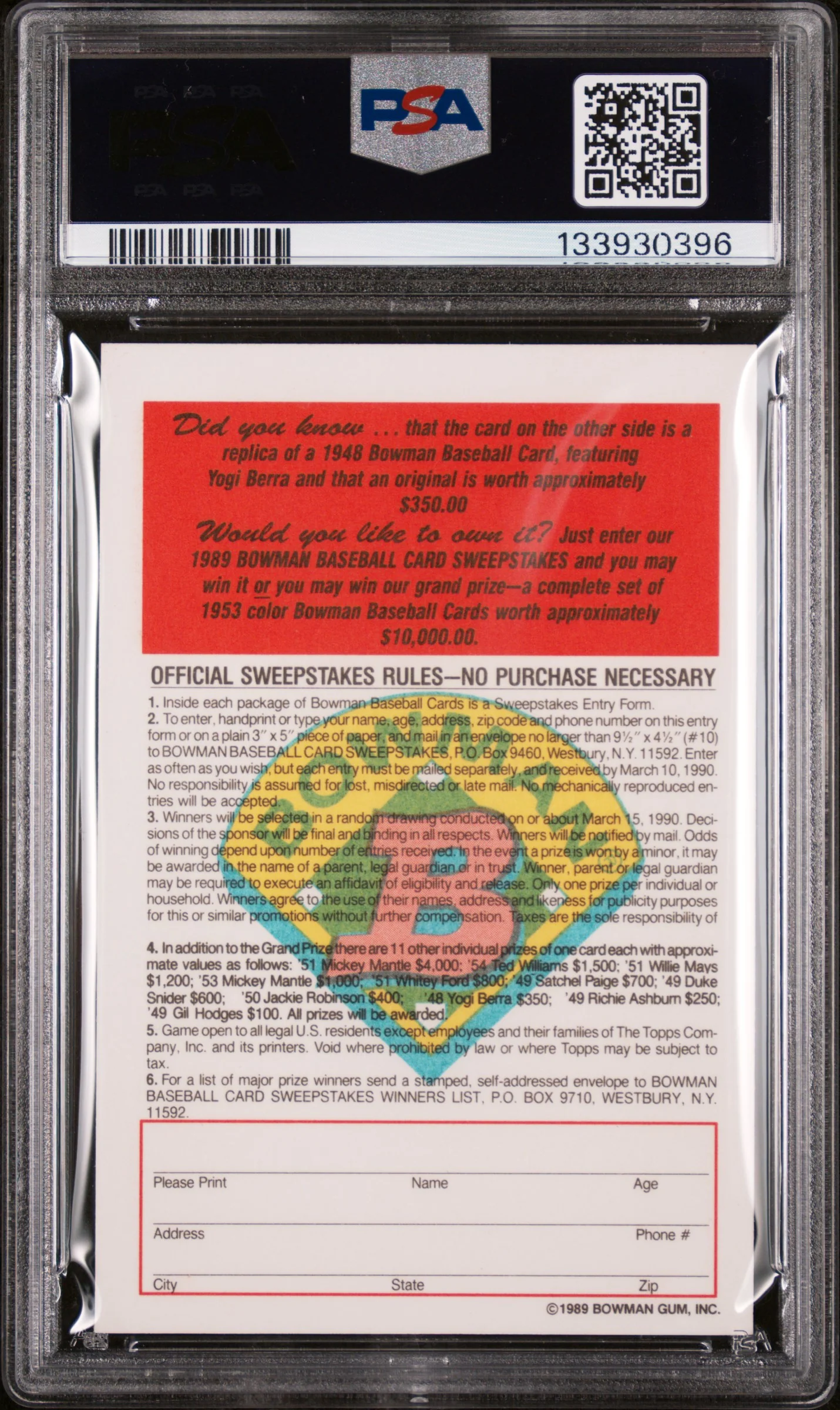 1989 Bowman Inserts 1948 Reprint-Tiffany Yogi Berra PSA 10 - Image 2