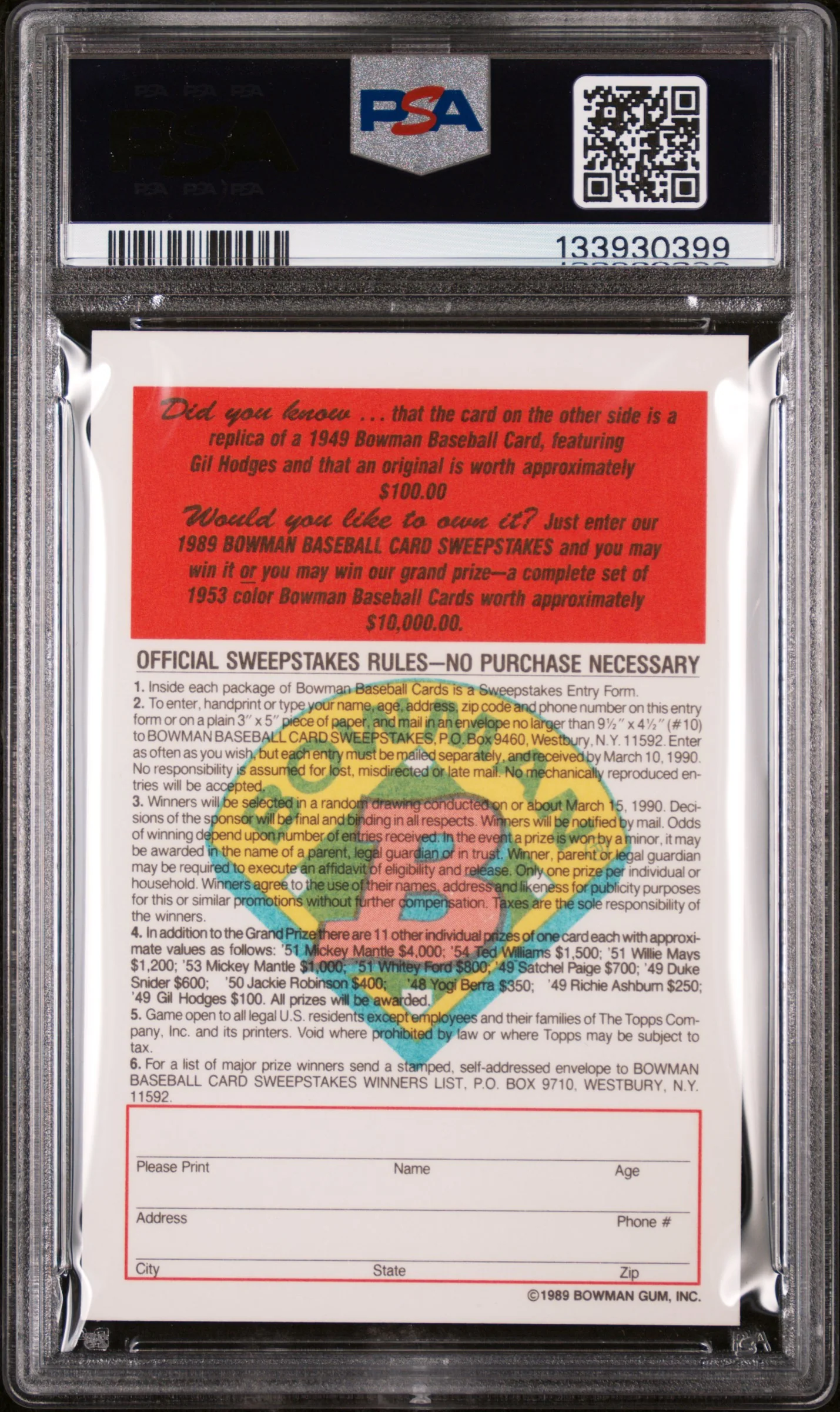 1989 Bowman Inserts 1949 Reprint-Tiffany Gil Hodges PSA 10 - Image 2