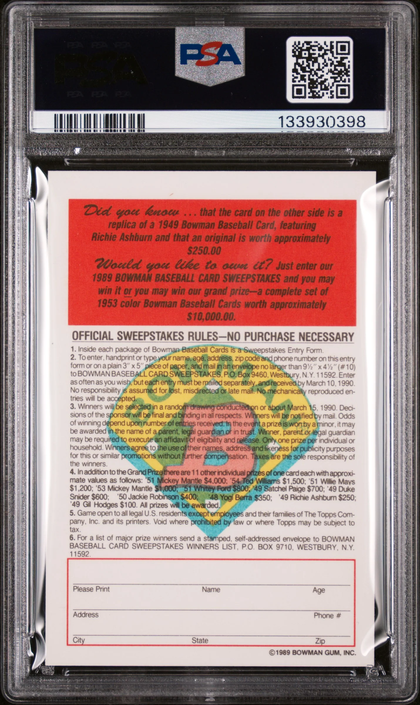 1989 Bowman Inserts 1949 Reprint-Tiffany Richie Ashburn PSA 9 - Image 2