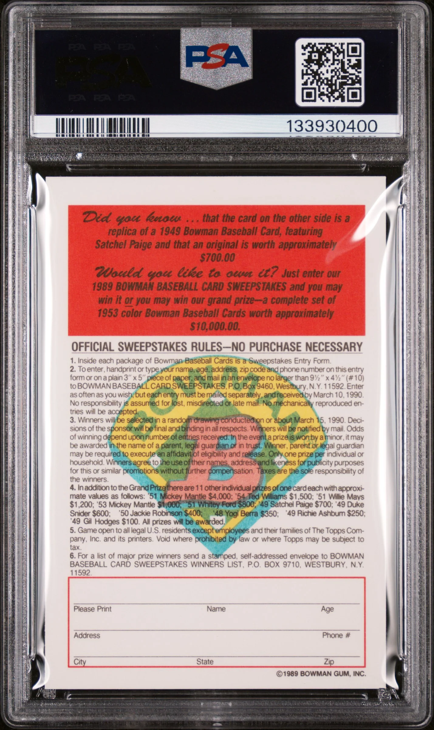1989 Bowman Inserts 1949 Reprint-Tiffany Satchel Paige PSA 10 - Image 2