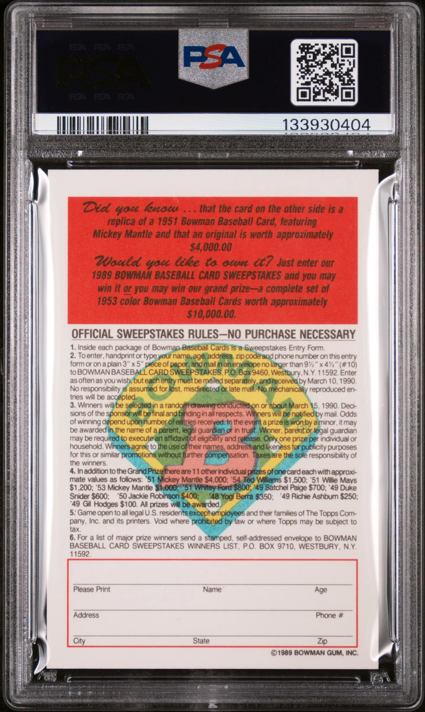 1989 Bowman Inserts 1951 Reprint-Tiffany Mickey Mantle PSA 9 - Image 2