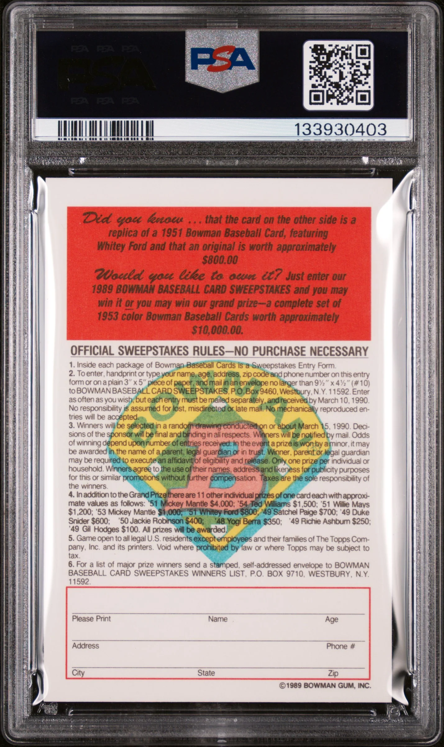 1989 Bowman Inserts 1951 Reprint-Tiffany Whitey Ford PSA 9 - Image 2