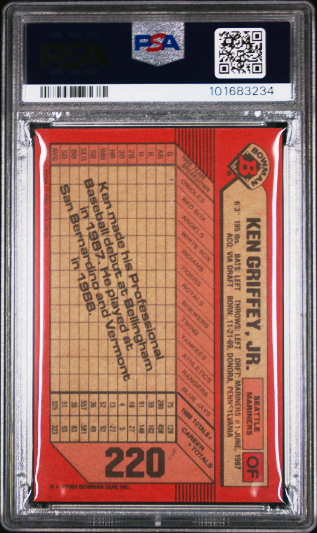 1989 Bowman Ken Griffey Jr. #220 PSA 8 - Image 2