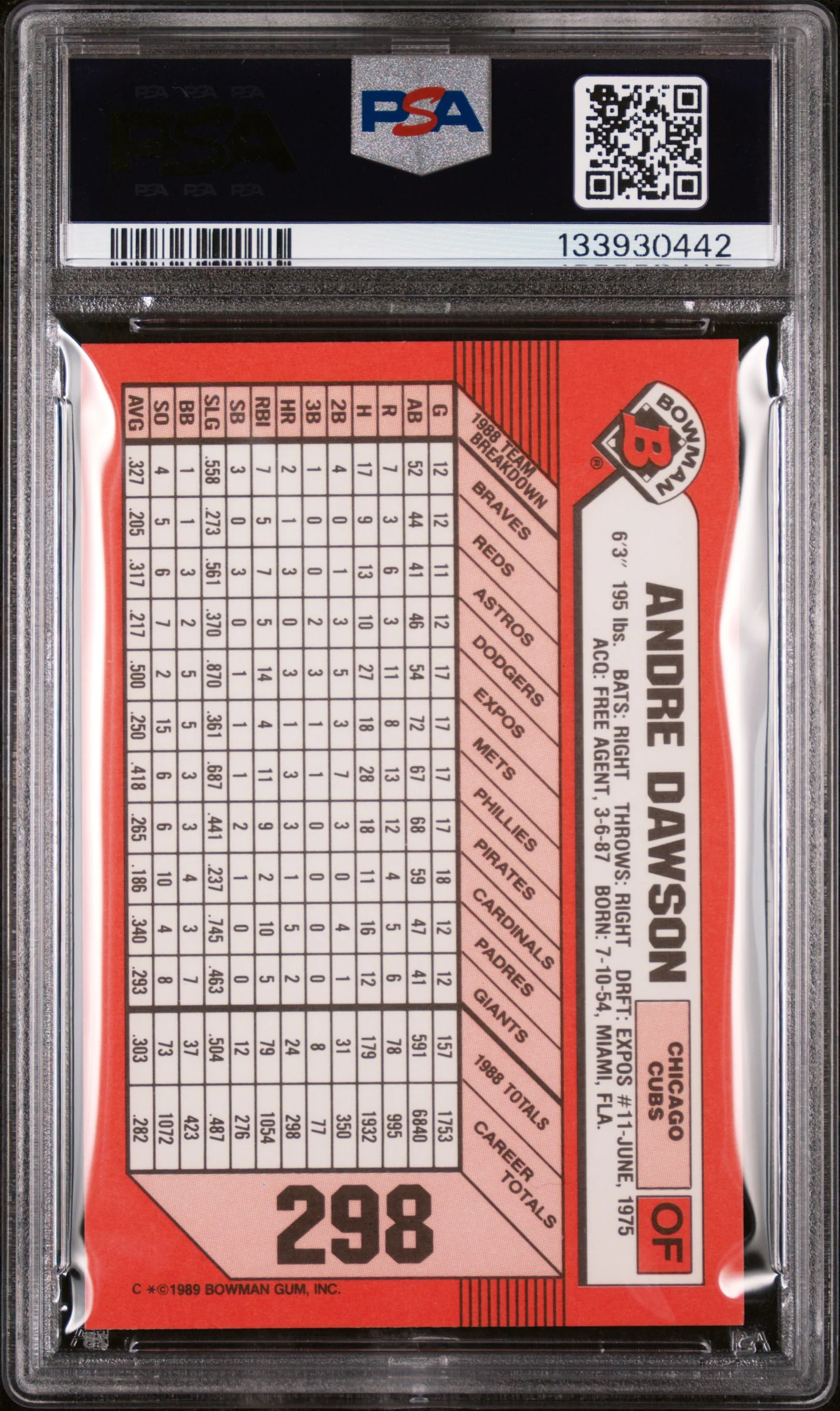1989 Bowman Tiffany Andre Dawson #298 /6000 PSA 9 - Image 2