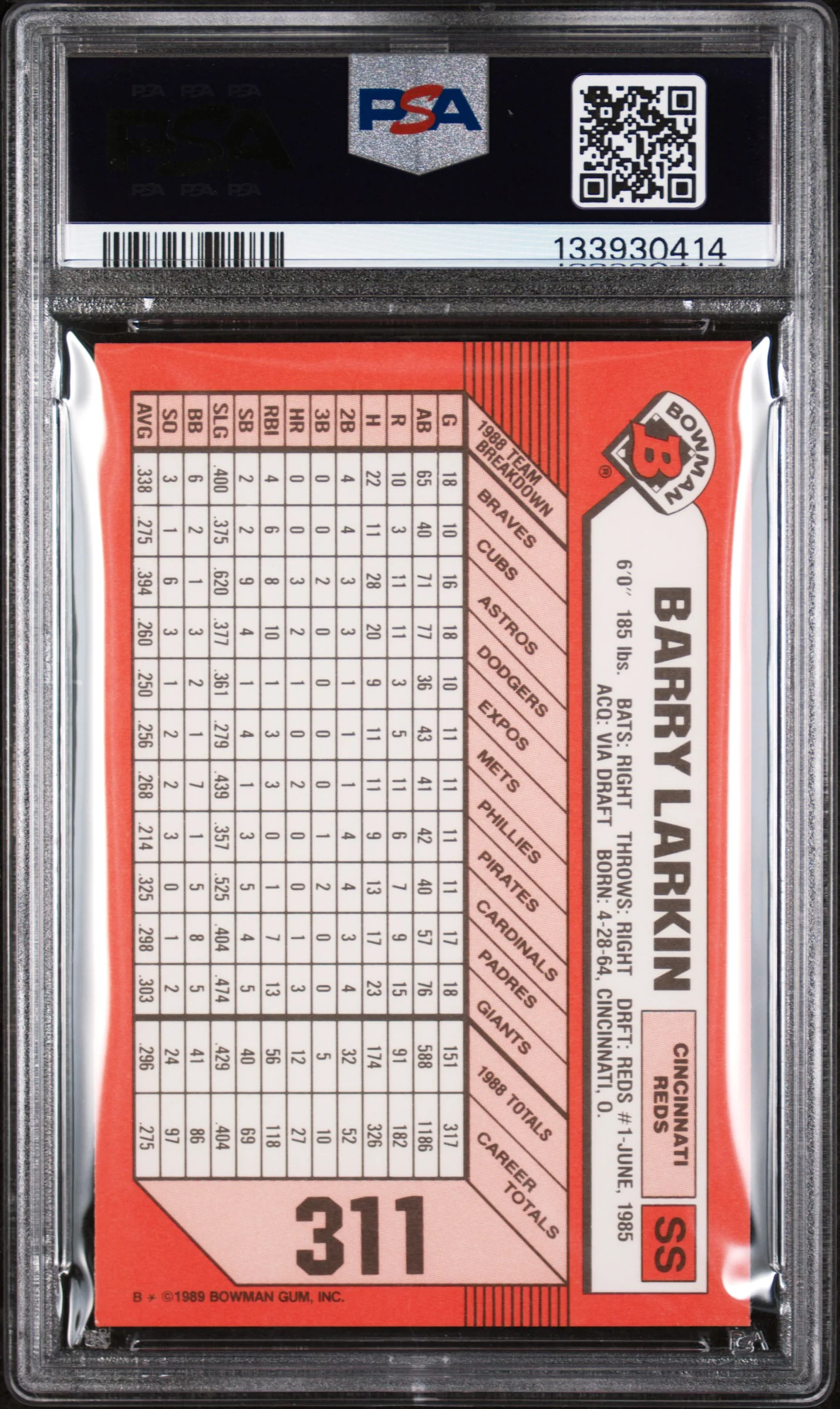 1989 Bowman Tiffany Barry Larkin #311 /6000 PSA 10 - Image 2