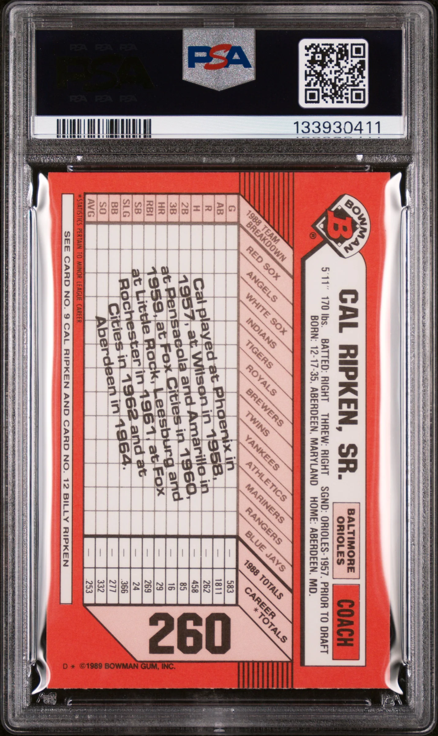 1989 Bowman Tiffany Cal Ripken Jr. #260 /6000 PSA 9 - Image 2