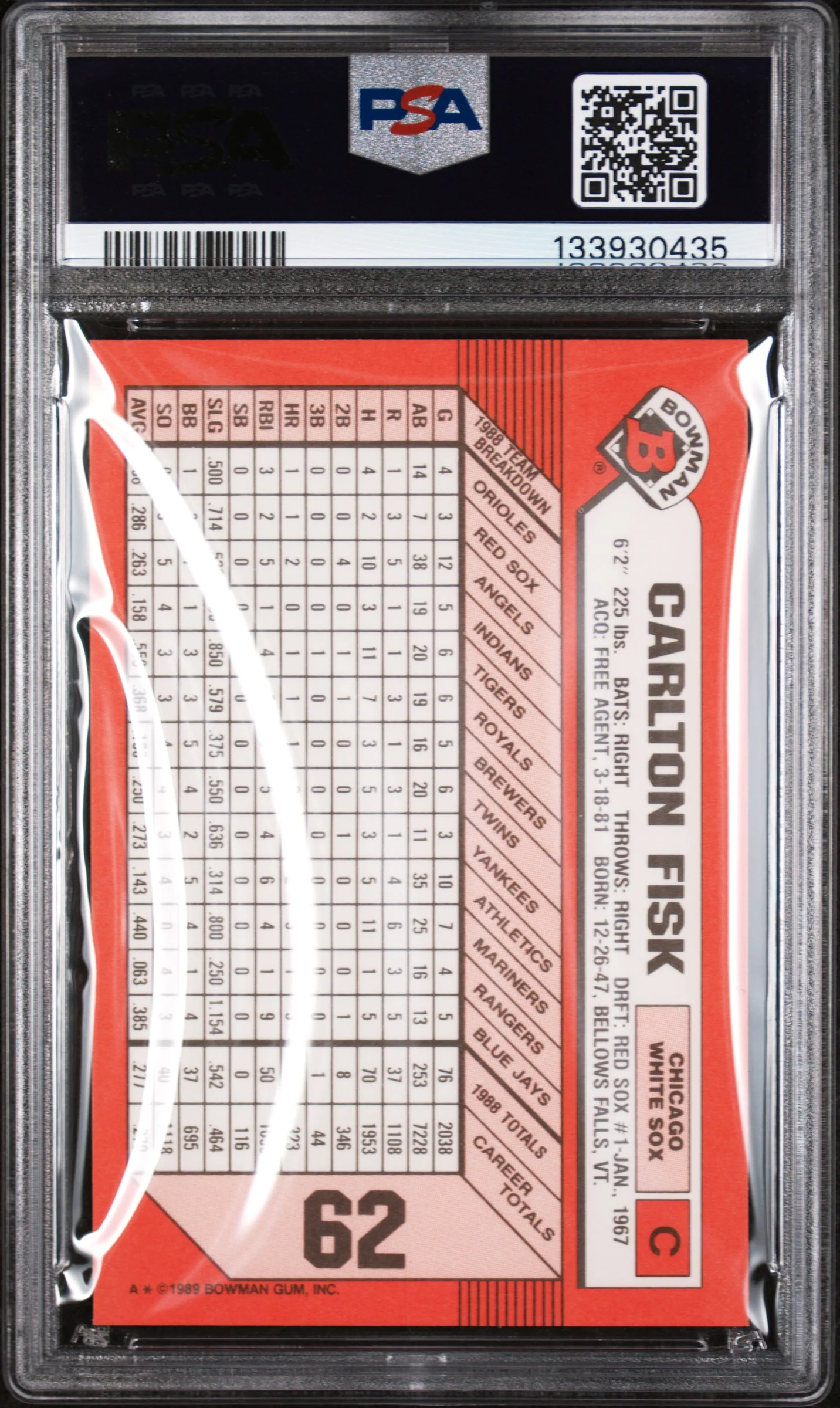 1989 Bowman Tiffany Carlton Fisk #62 /6000 PSA 8 - Image 2