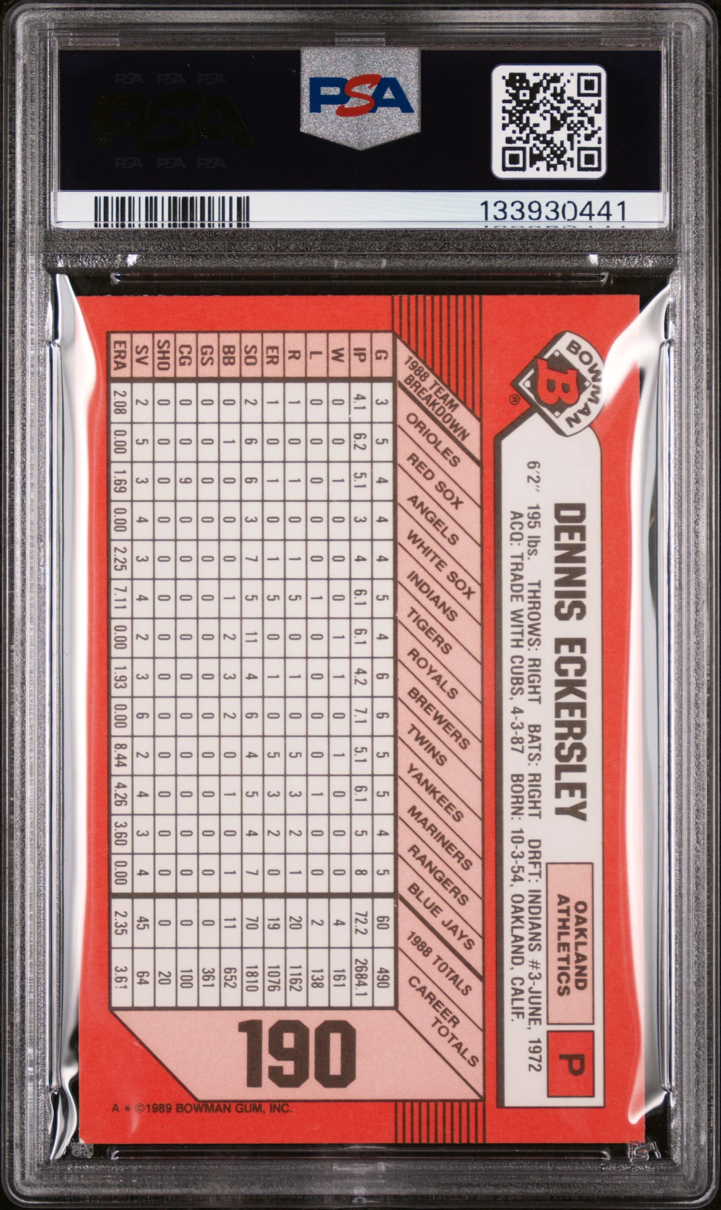 1989 Bowman Tiffany Dennis Eckersley #190 /6000 PSA 8 - Image 2