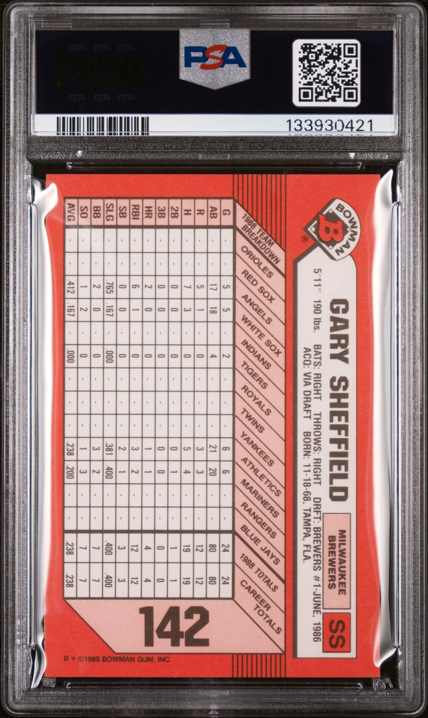1989 Bowman Tiffany Gary Sheffield #142 /6000 PSA 9 - Image 2