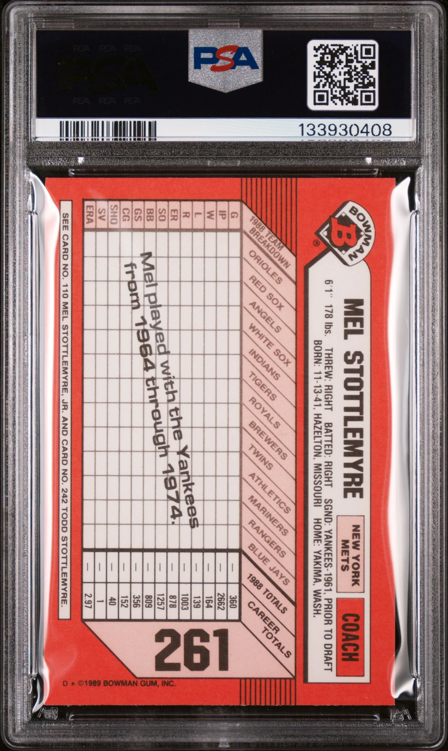 1989 Bowman Tiffany M.Stottlemyre Jr./Sr. #261 /6000 PSA 9 - Image 2