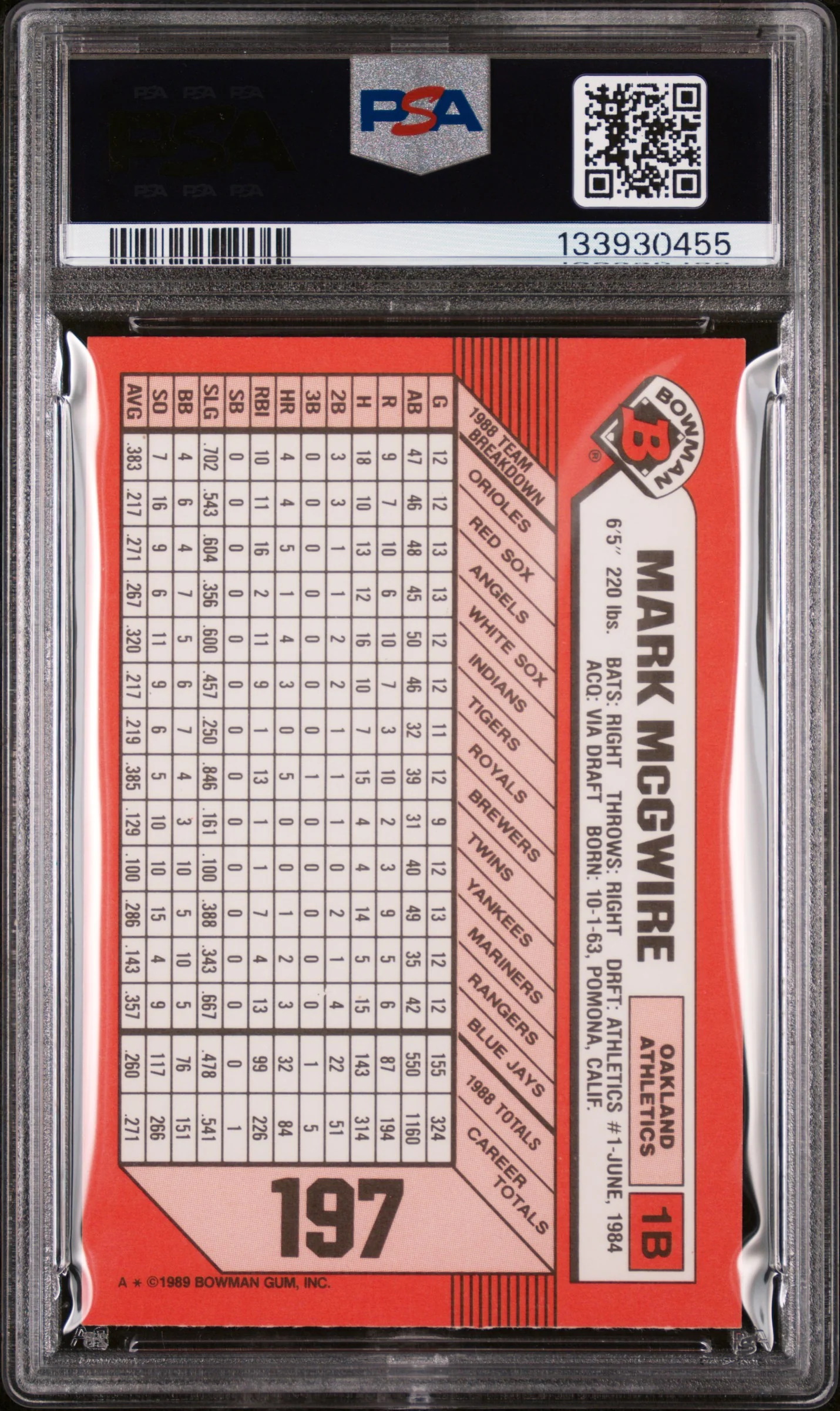 1989 Bowman Tiffany Mark Mcgwire #197 /6000 PSA 9 - Image 2