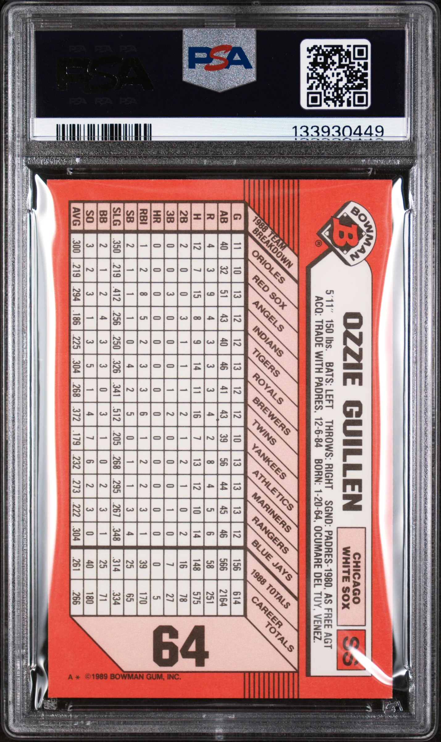 1989 Bowman Tiffany Ozzie Guillen #64 /6000 PSA 9 - Image 2