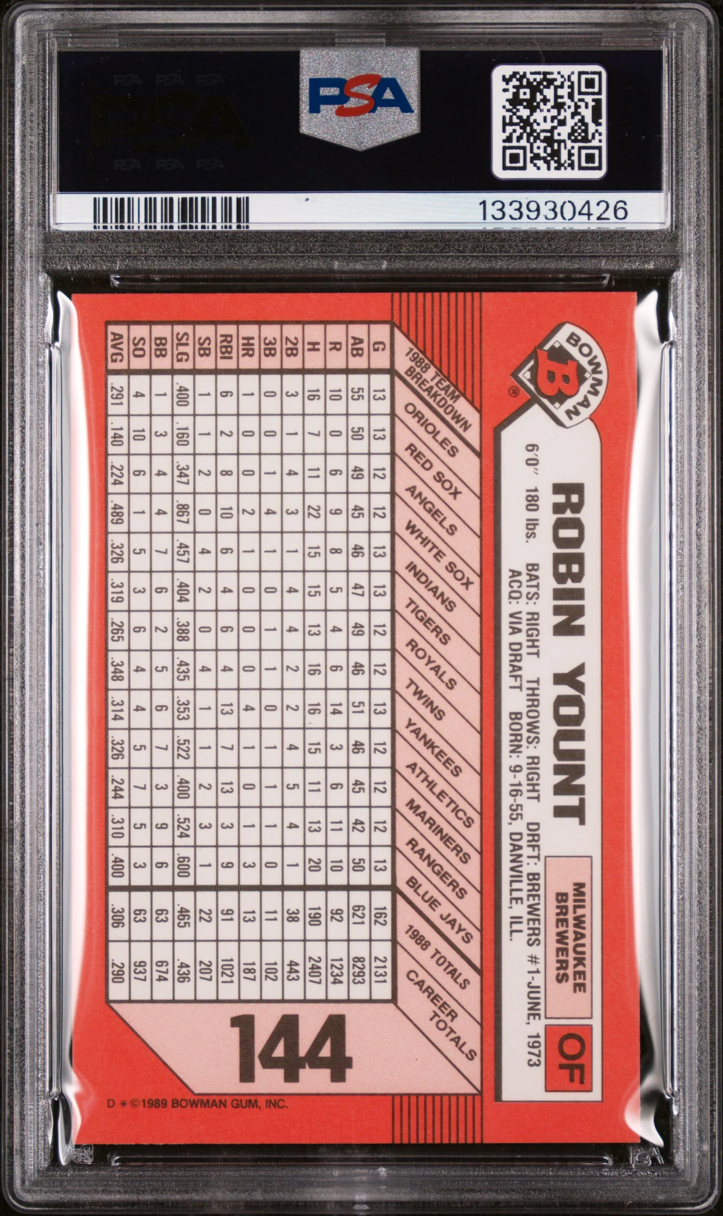 1989 Bowman Tiffany Robin Yount #144 /6000 PSA 8 - Image 2