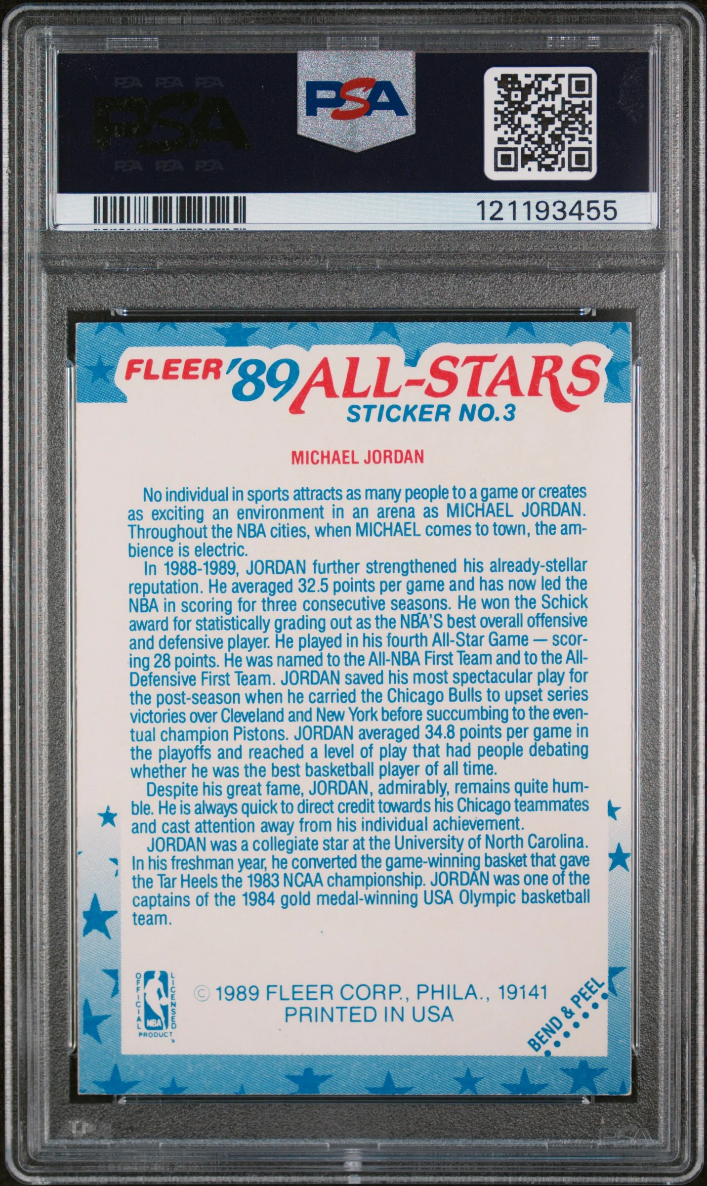 1989 Fleer Stickers All Stars Michael Jordan #3 PSA 5 - Image 2