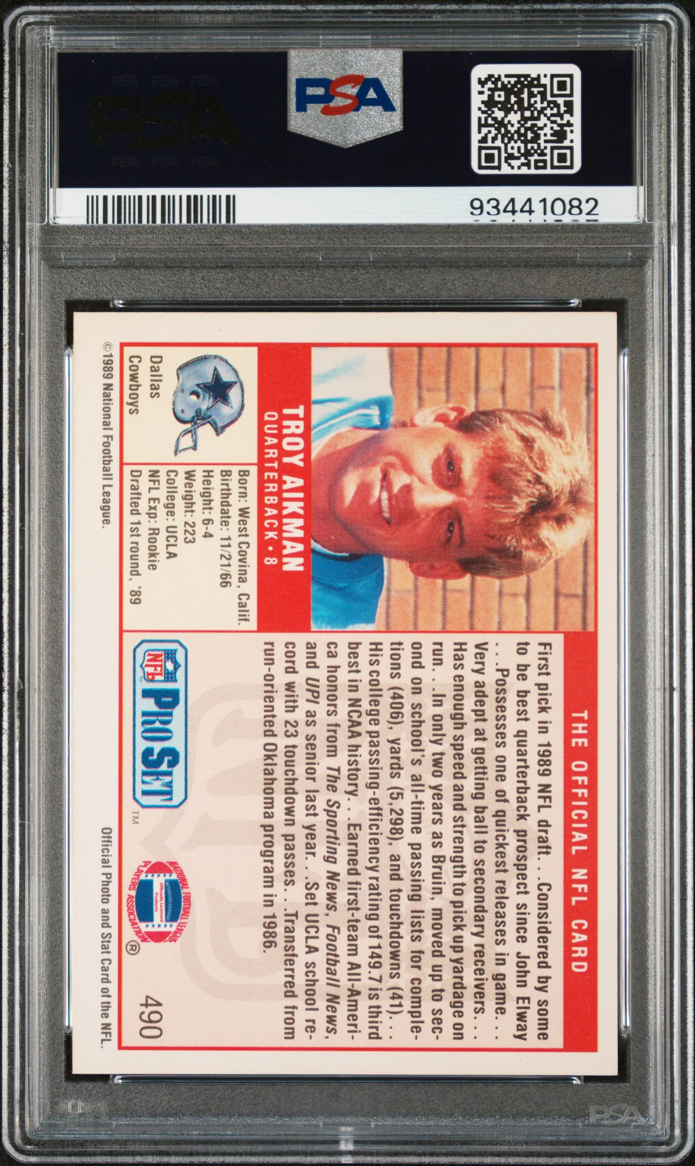 1989 Pro Set Troy Aikman #490 PSA 9 - Image 2