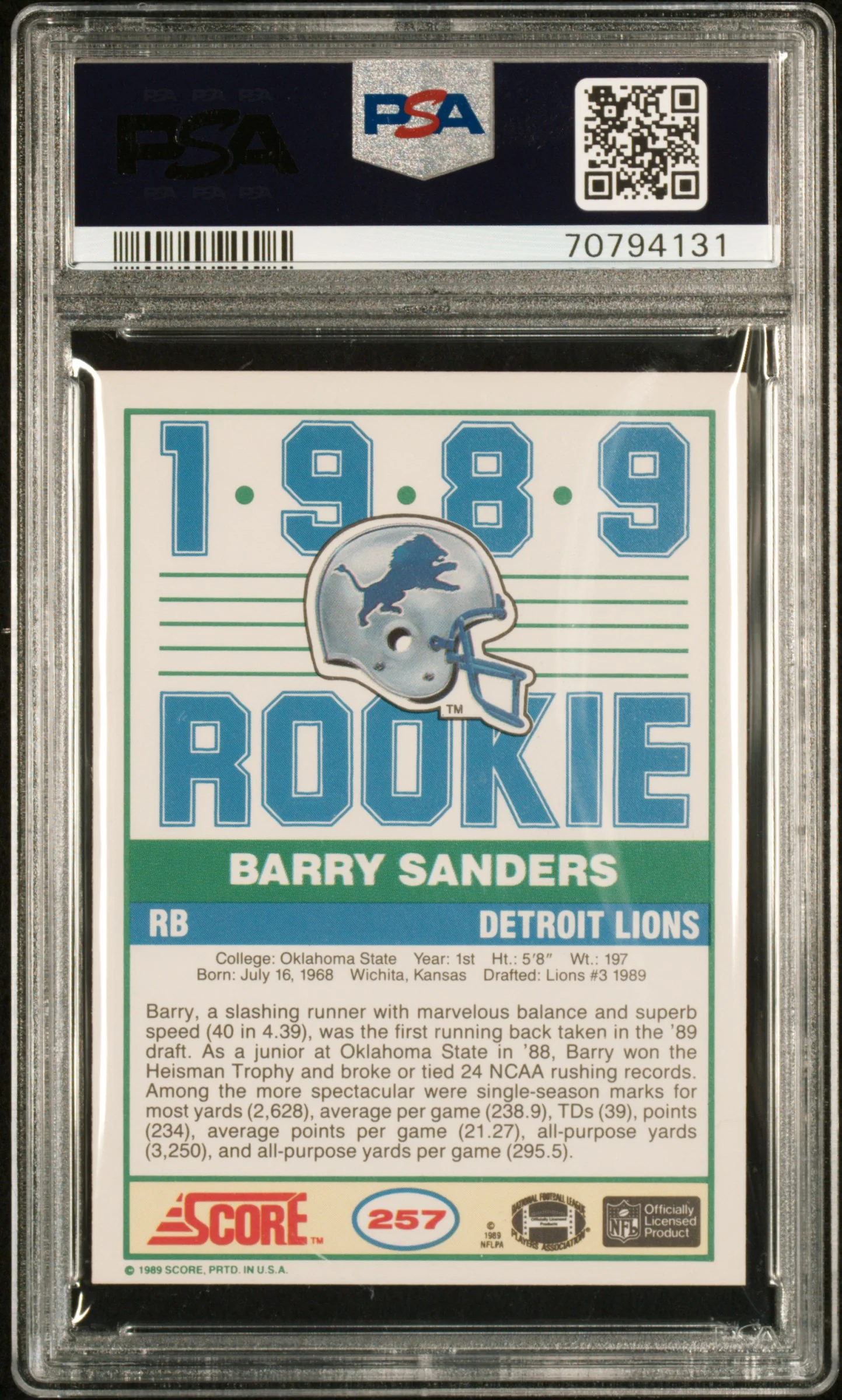 1989 Score Barry Sanders #257 PSA 9 - Image 2