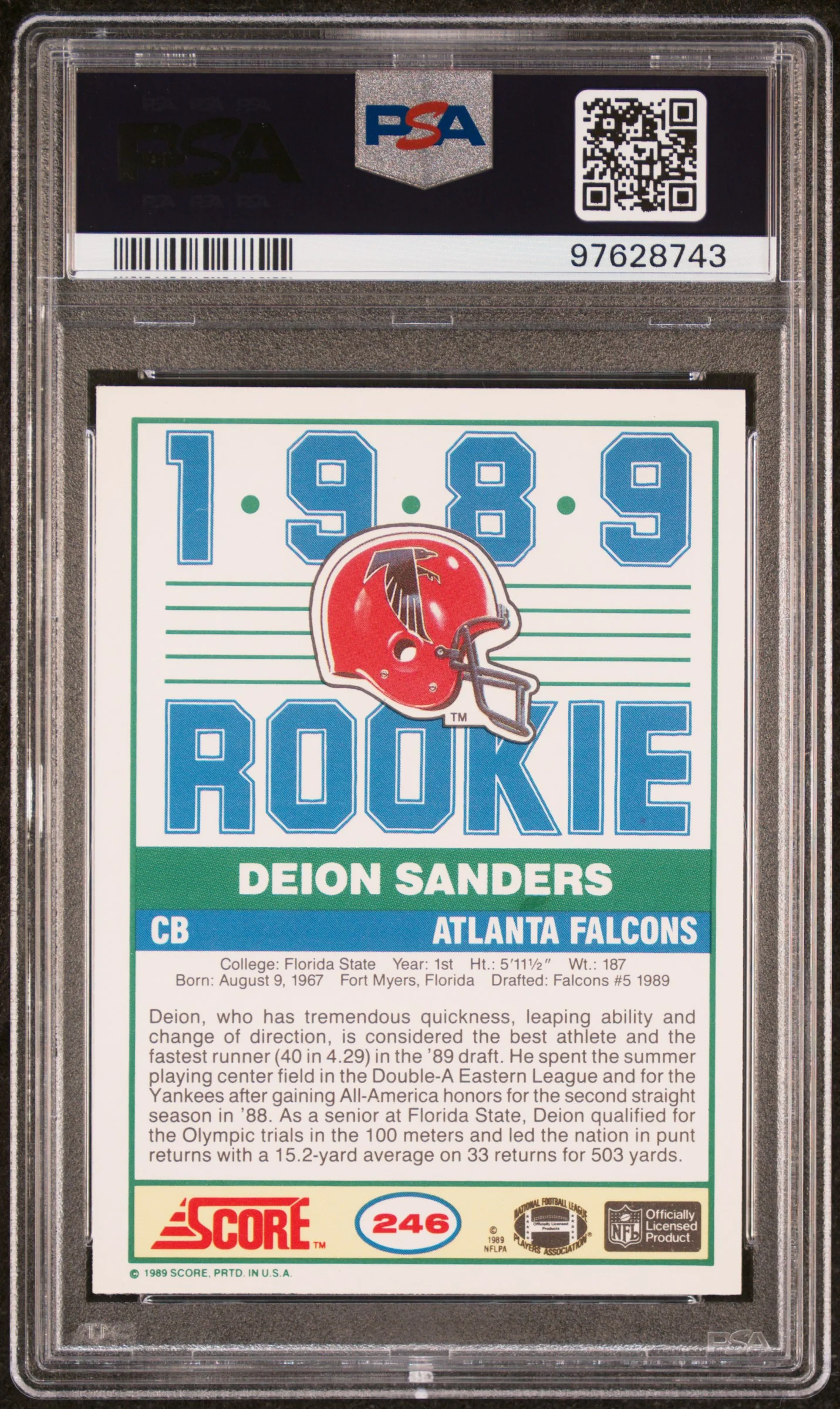 1989 Score Rookie Deion Sanders #246 PSA 10 - Image 2