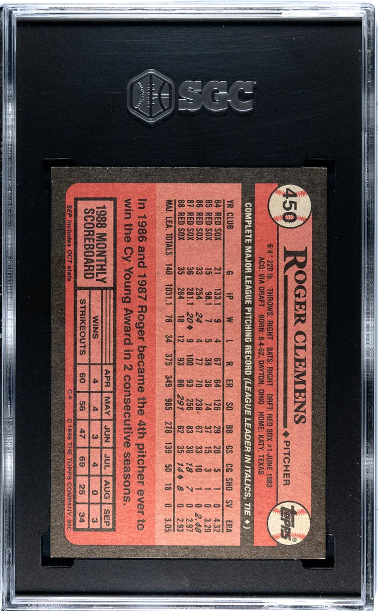 1989 Topps #450 Roger Clemens SGC 8 - Image 2