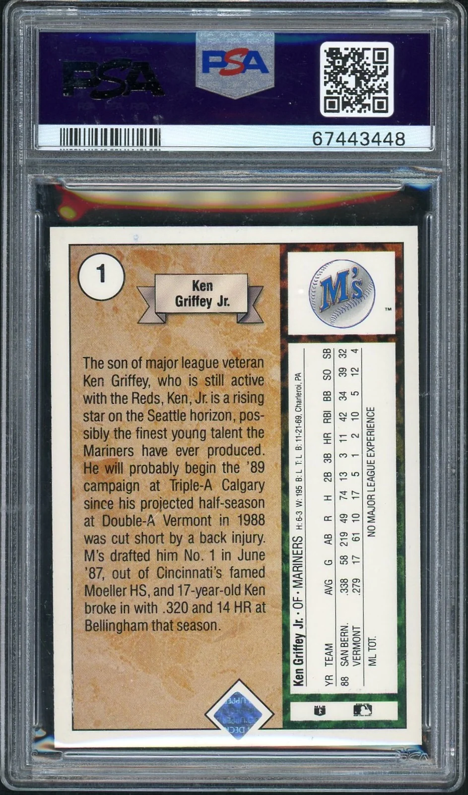 1989 Upper Deck Star Rookie Ken Griffey Jr #1 PSA 8 - Image 2