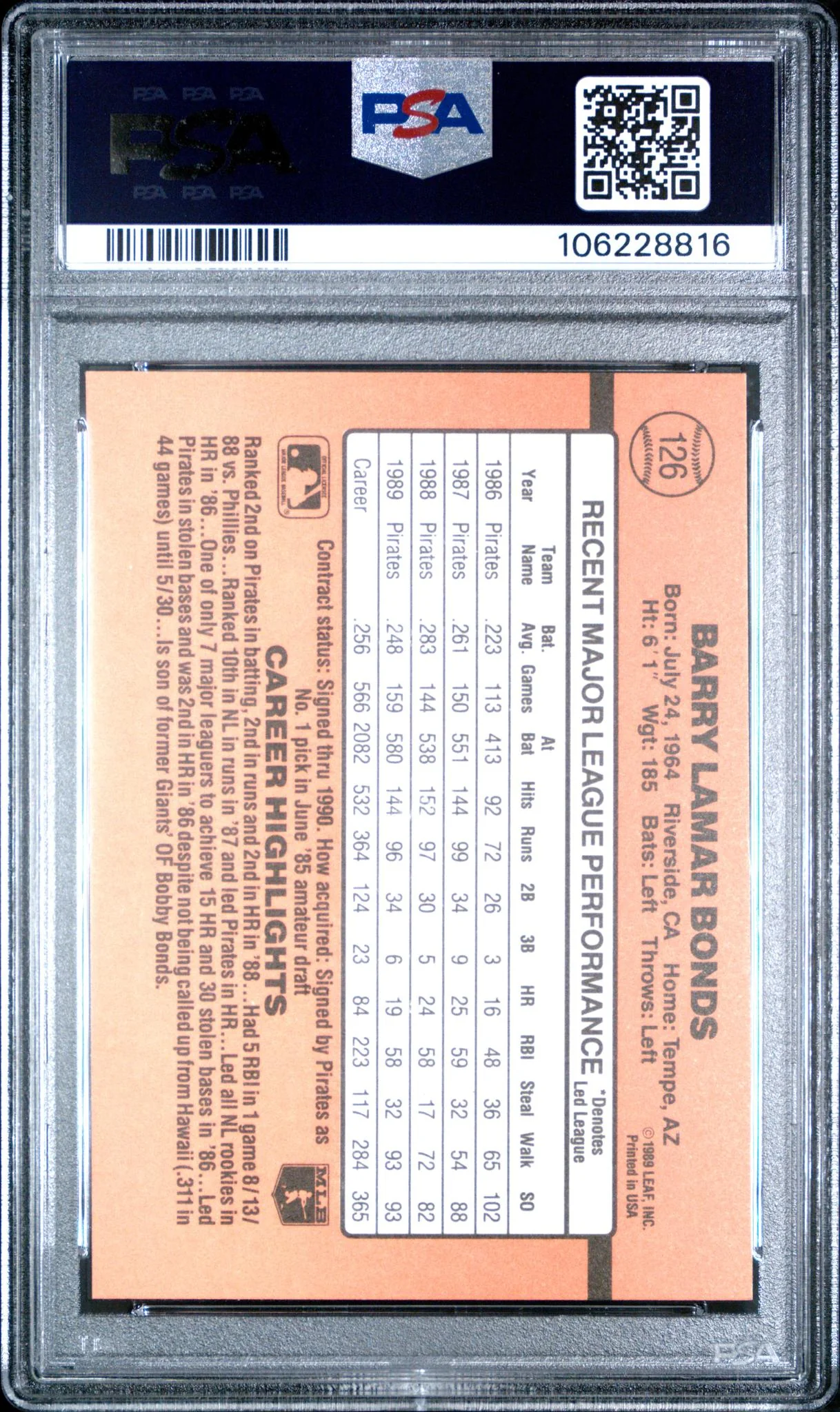 1990 Donruss Barry Bonds #126 PSA 9 - Image 2