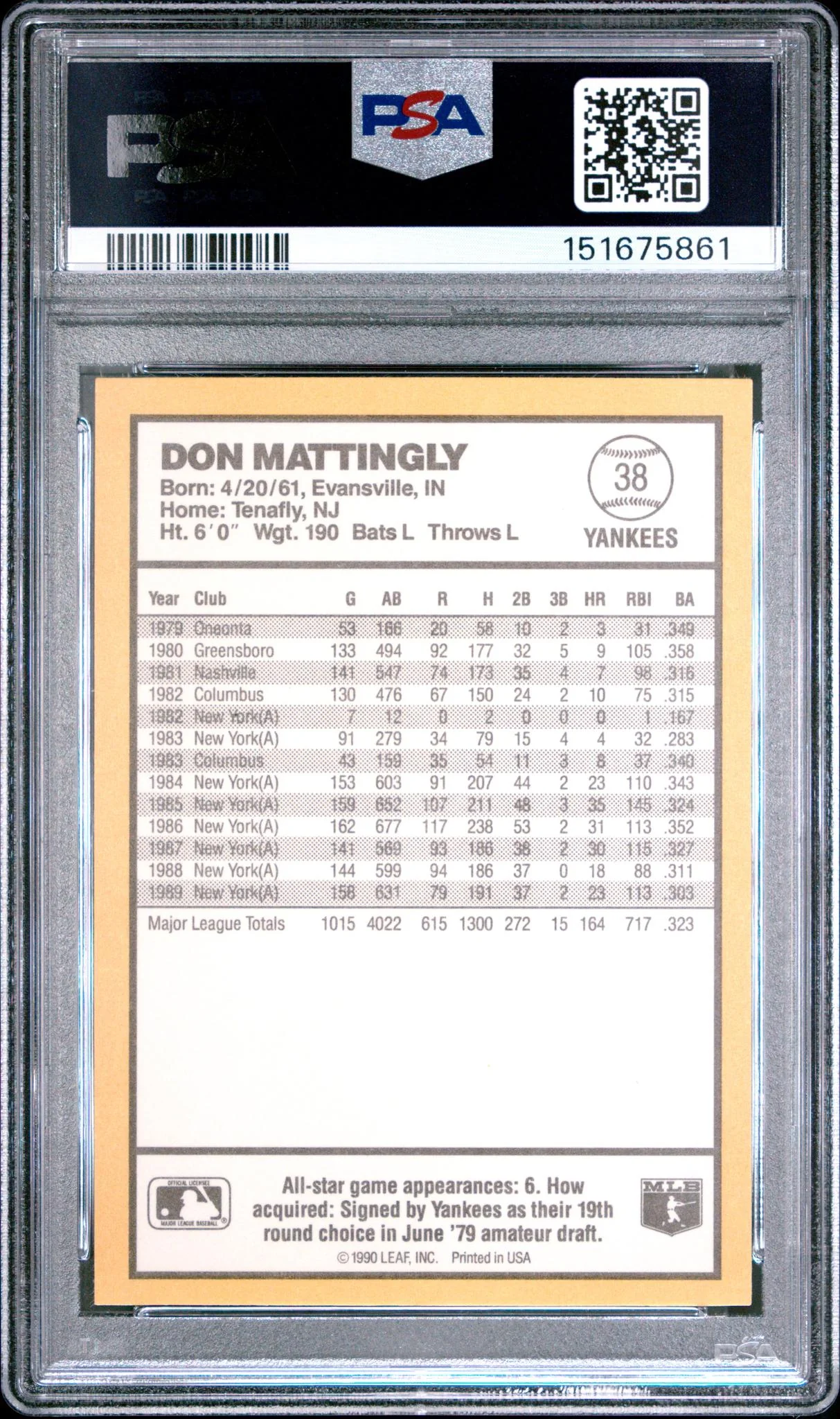 1990 Donruss Best of the Al Don Mattingly #38 PSA 9 - Image 2
