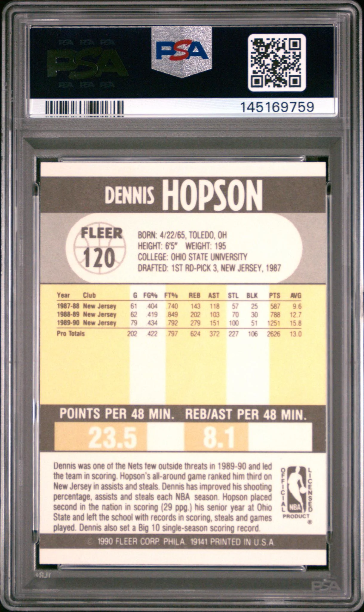 1990 Fleer Dennis Hopson #120 PSA 10 - Image 2