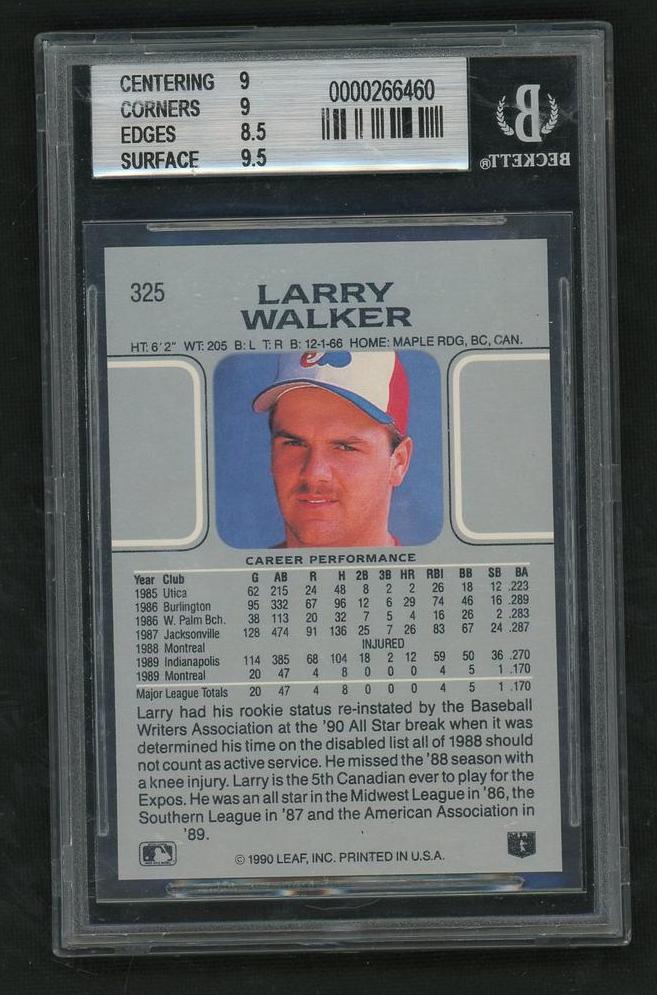1990 Leaf Larry Walker #325 RC BGS 9 - Image 2