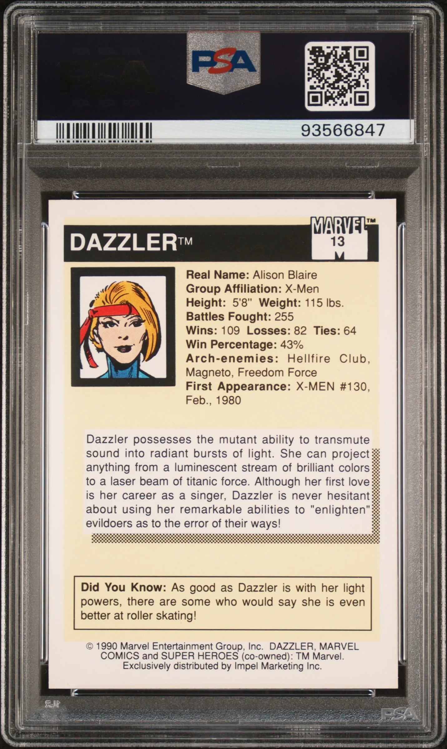 1990 Marvel Universe I #13 Dazzler PSA 9 - Image 2