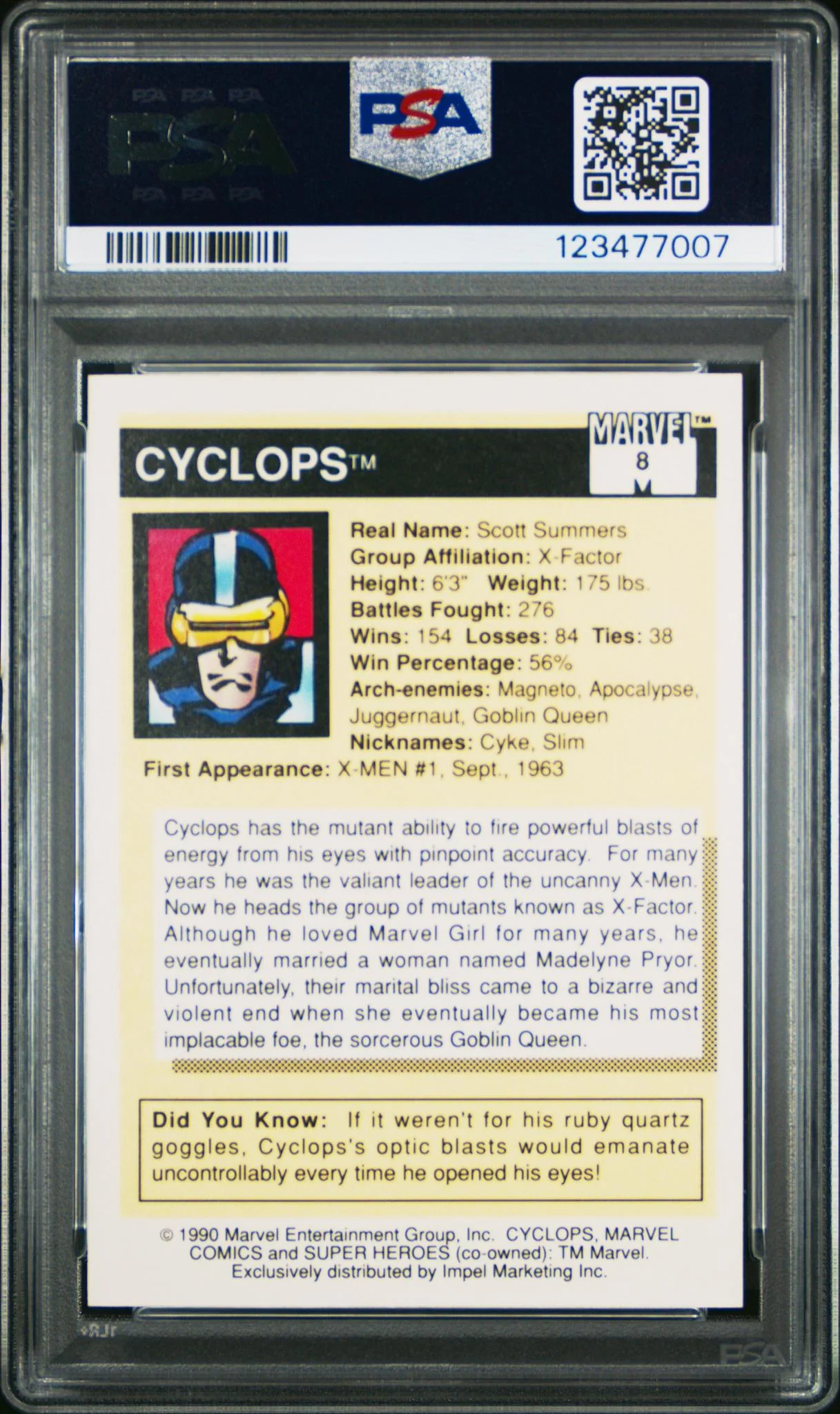 1990 Marvel Universe Super Heroes Cyclops #8 PSA 9 - Image 2