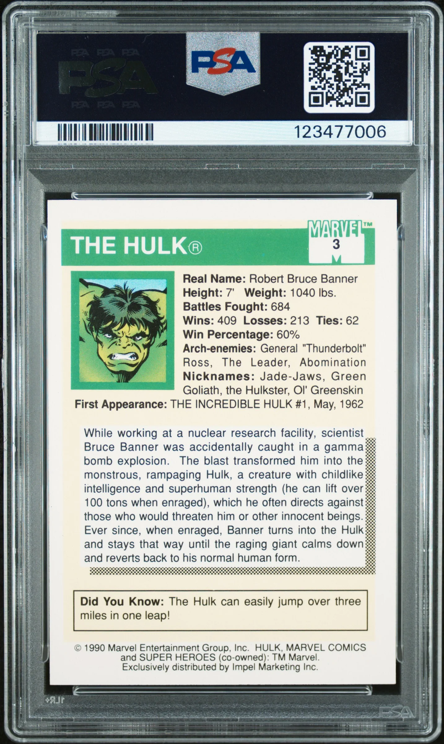 1990 Marvel Universe Super Heroes the Hulk #3 PSA 9 - Image 2