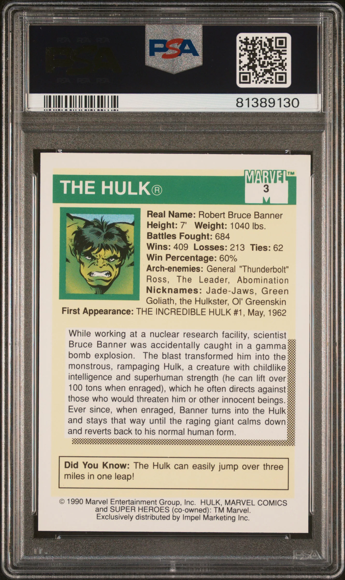 1990 Marvel Universe Super Heroes the Hulk #3 PSA 9 - Image 2