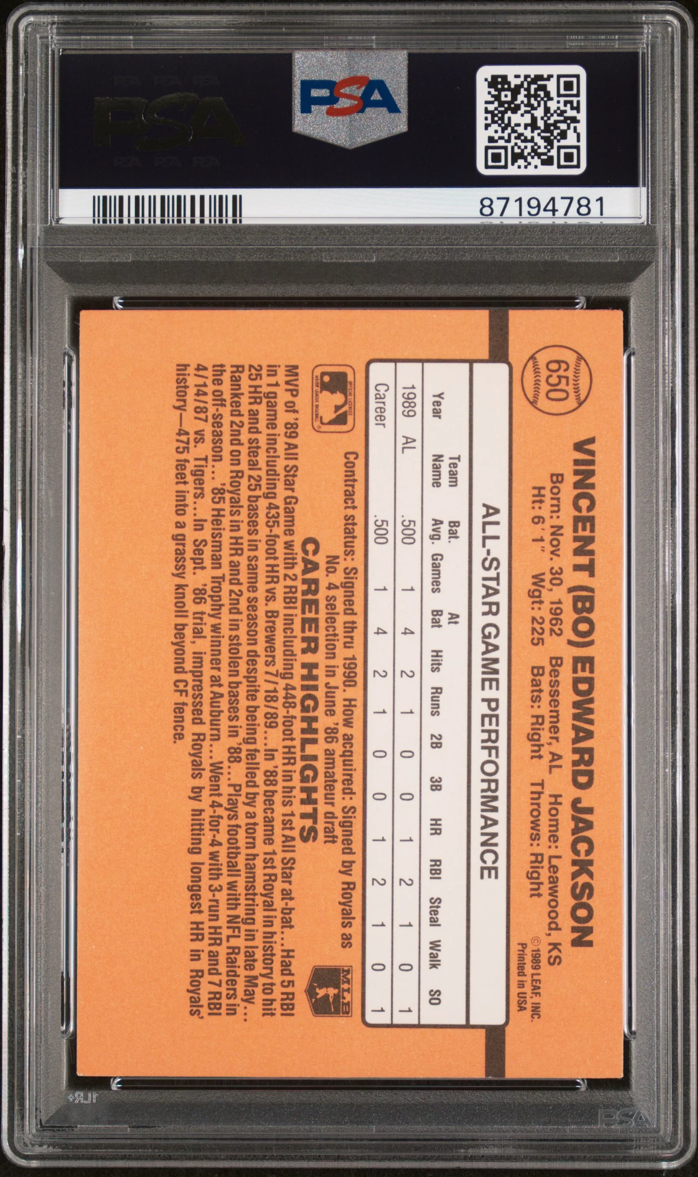1990 Panini Donruss Bo Jackson #650B PSA 10 - Image 2