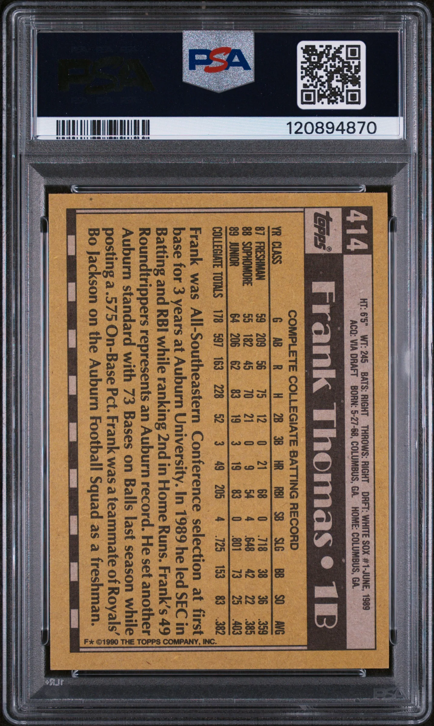 1990 Topps Name on Front Frank Thomas #414 RC PSA 9 - Image 2
