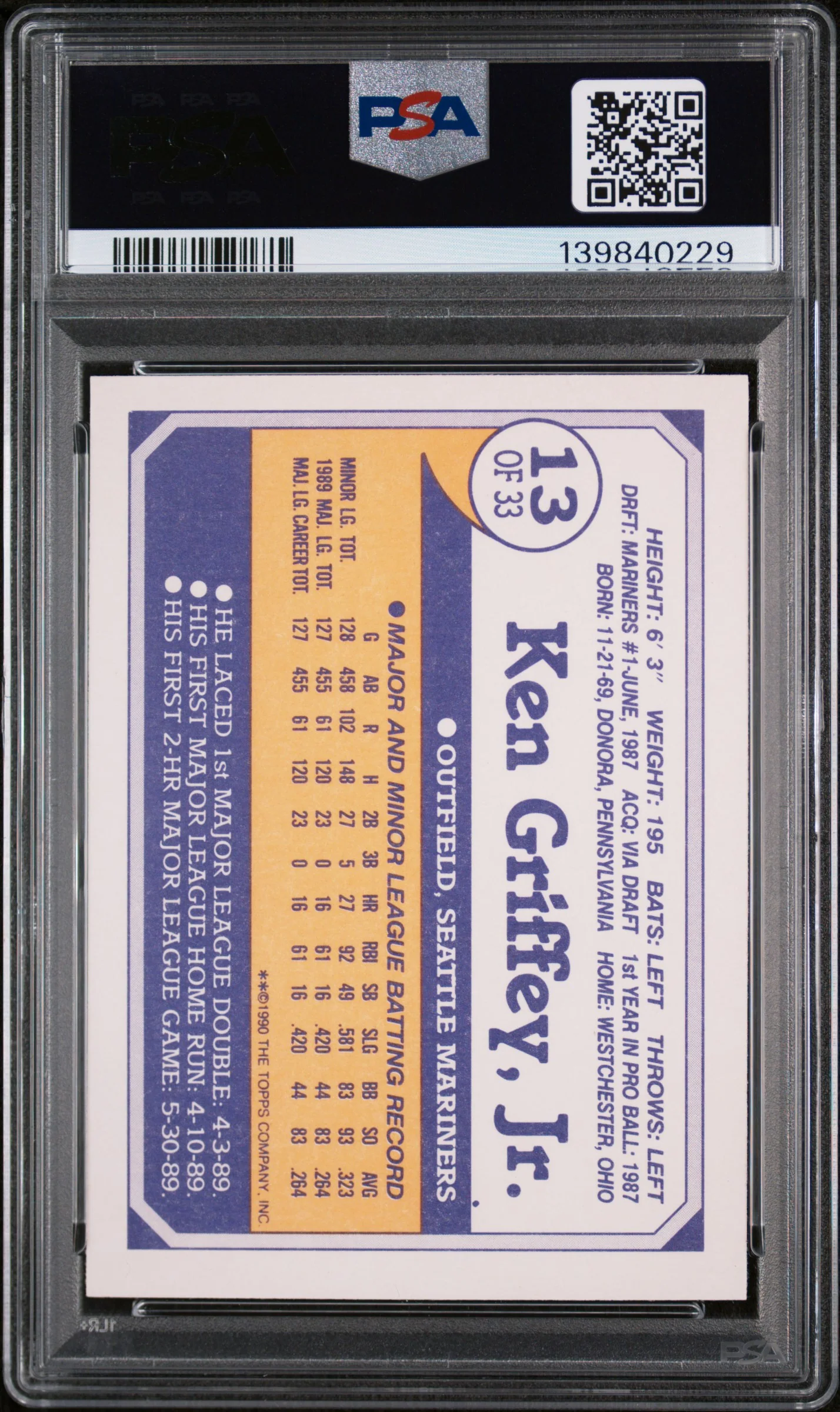1990 Toys R US Rookies Ken Griffey Jr. #13 PSA 8 - Image 2