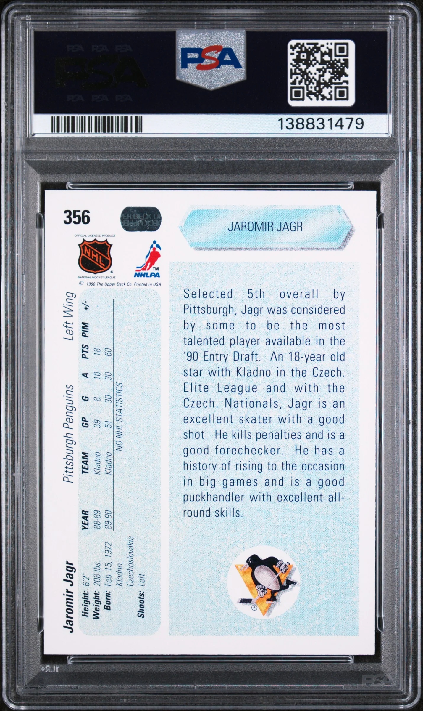 1990 Upper Deck Jaromir Jagr #356 PSA 9 - Image 2