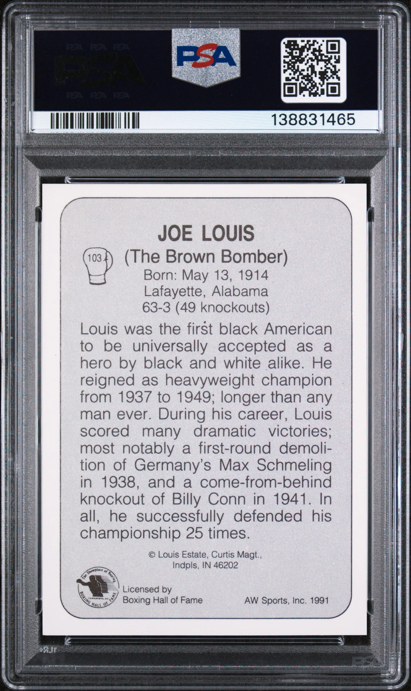 1991 Aw Sports Boxing Joe Louis #103 PSA 10 - Image 2