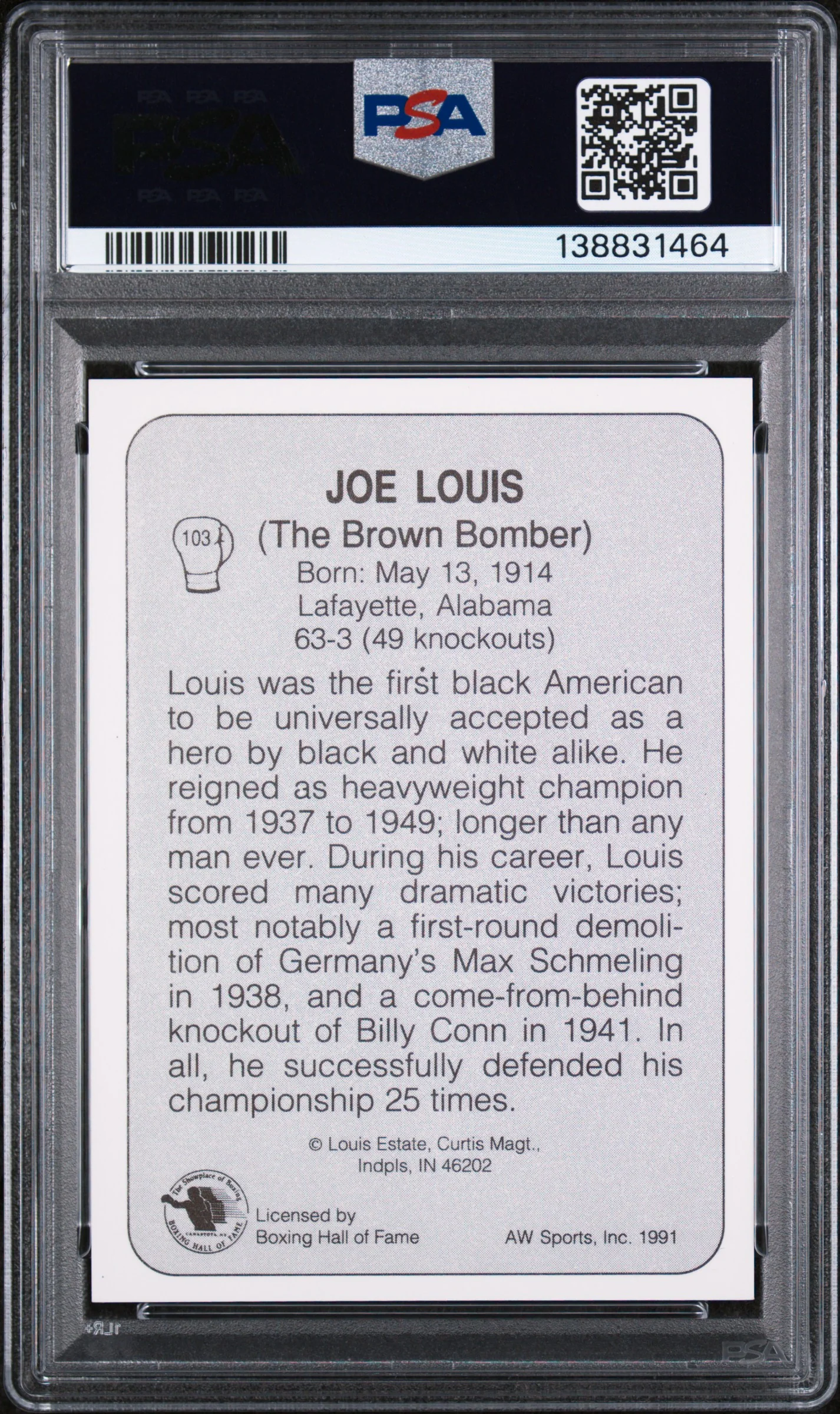 1991 Aw Sports Boxing Joe Louis #103 PSA 10 - Image 2