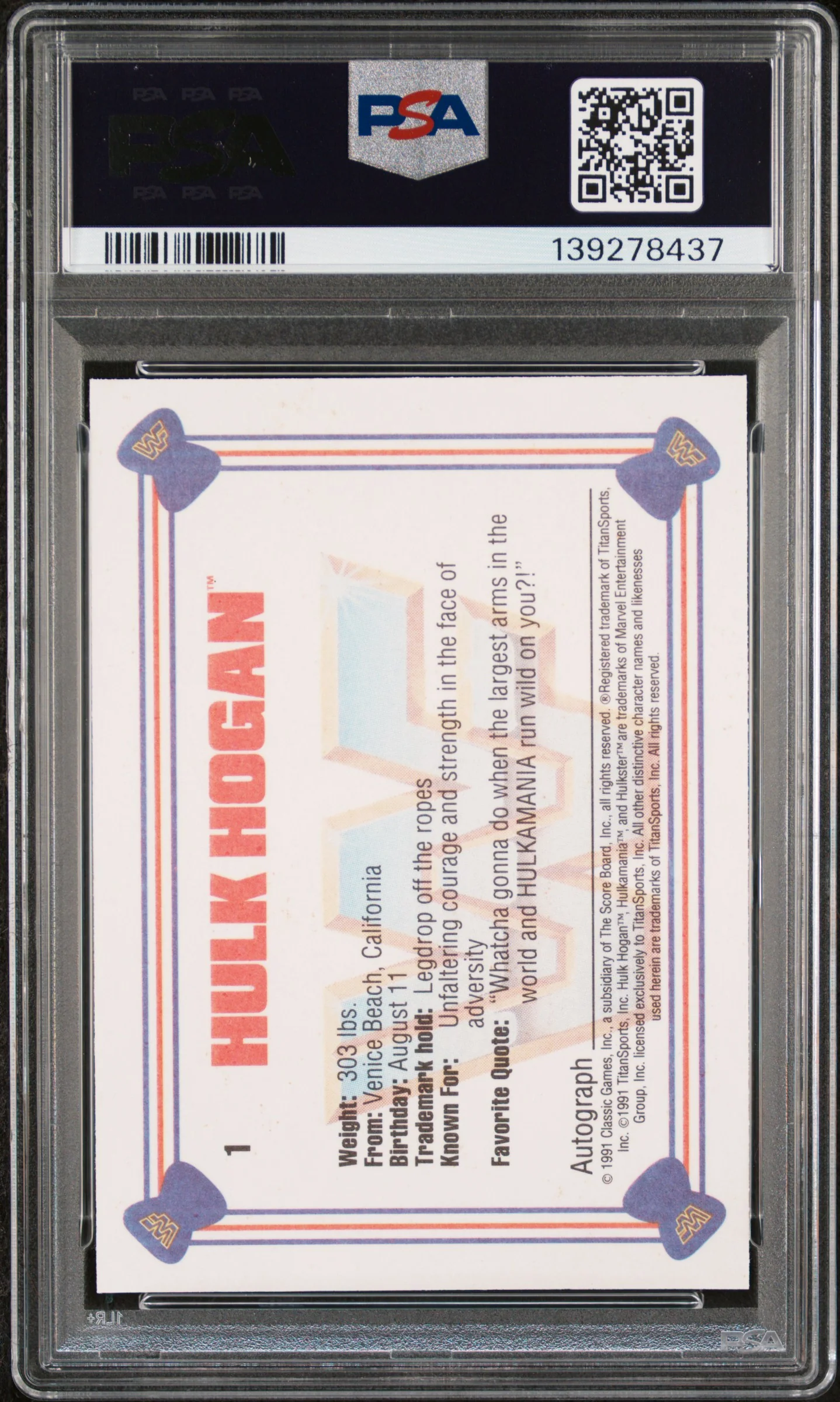 1991 Classic WWF Hulk Hogan #1 PSA 9 - Image 2
